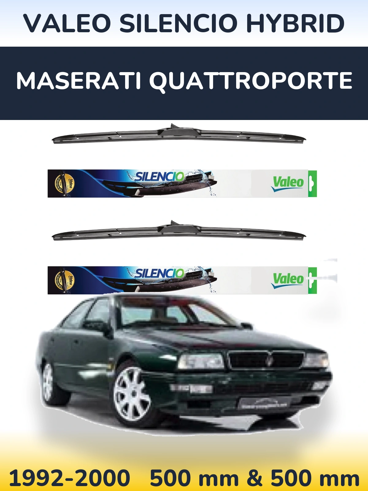 Komplet przednich wycieraczek Valeo Silencio Hybrid 500 & 500 mm do Maserati Quattroporte 1992-2000
