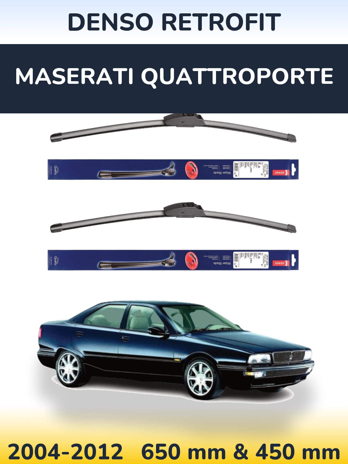 Front wiper blade set Denso Retrofit 650 & 450 mm for Maserati Quattroporte 2004-2012