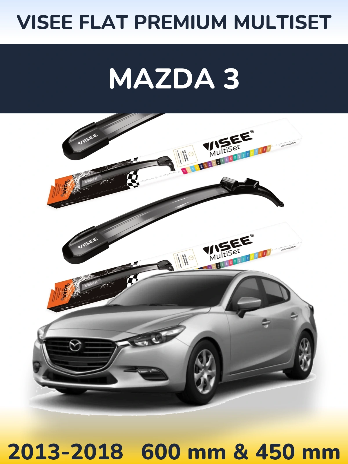 Komplet przednich wycieraczek VISEE FLAT PREMIUM MultiSet 600 & 450 mm do Mazda 3 2013-2018