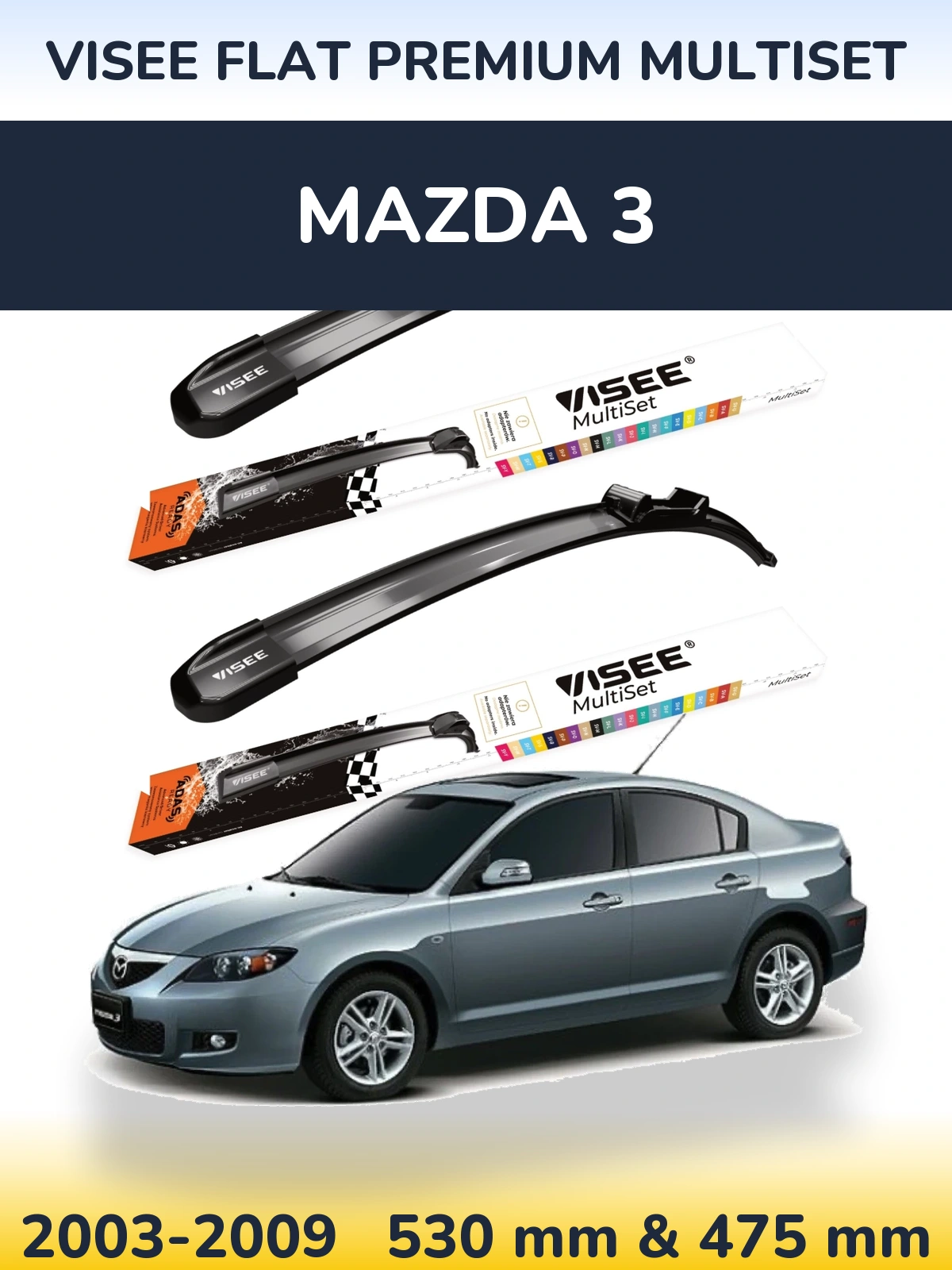 Front wiper blade set VISEE FLAT PREMIUM MultiSet 530 & 475 mm for Mazda 3 2003-2009