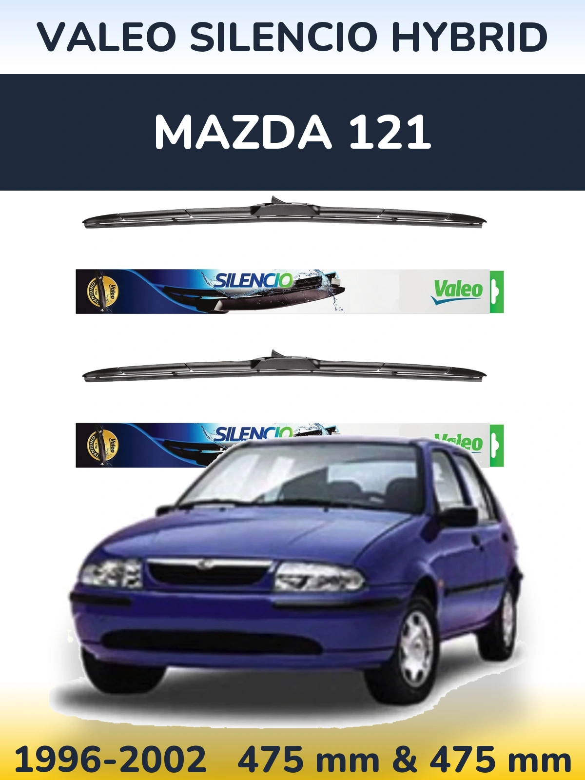 Komplet przednich wycieraczek Valeo Silencio Hybrid 475 & 475 mm do Mazda 121 1996-2002