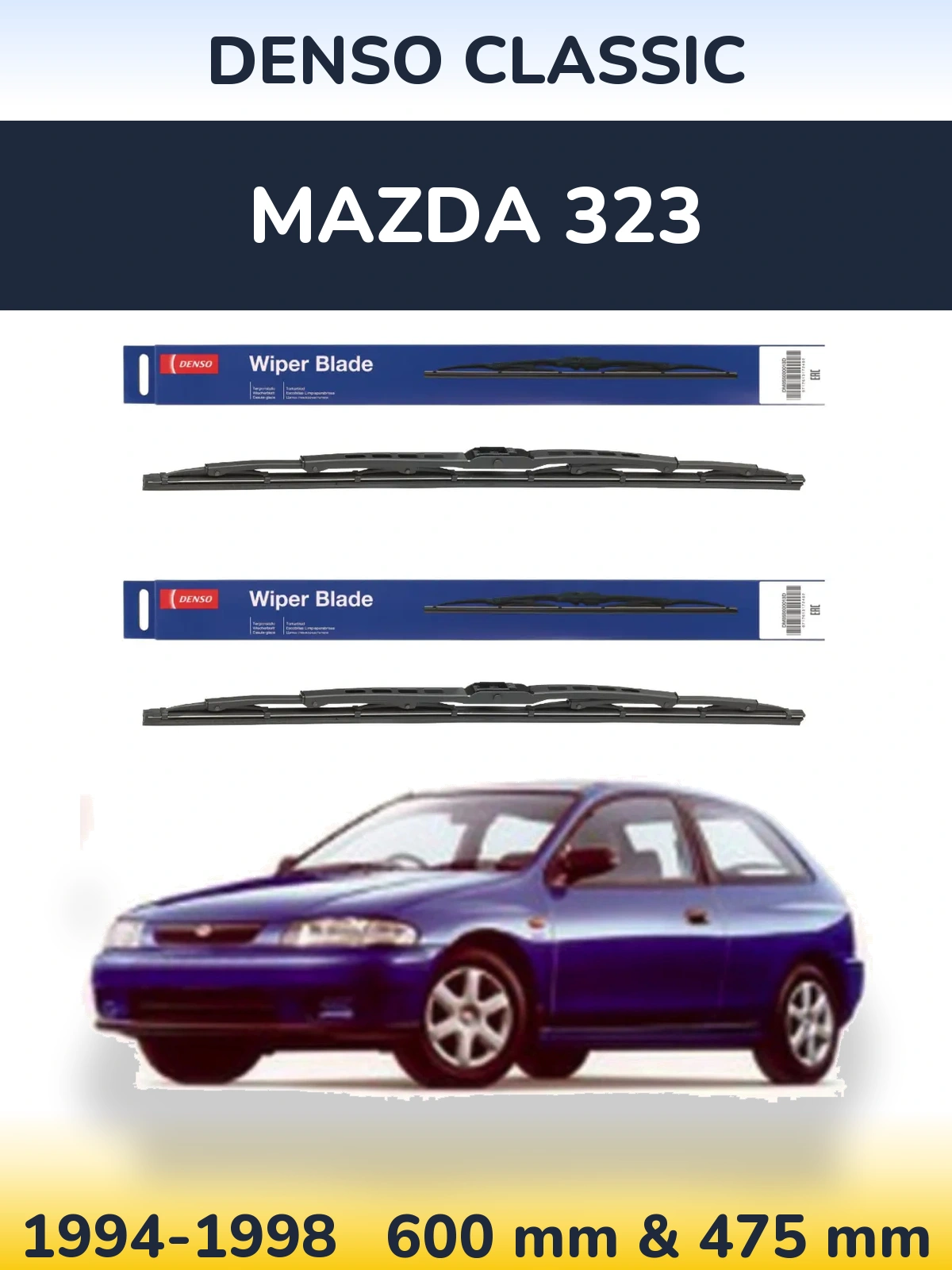 Front wiper blade set Denso Classic 600 & 475 mm for Mazda 323 1994-1998