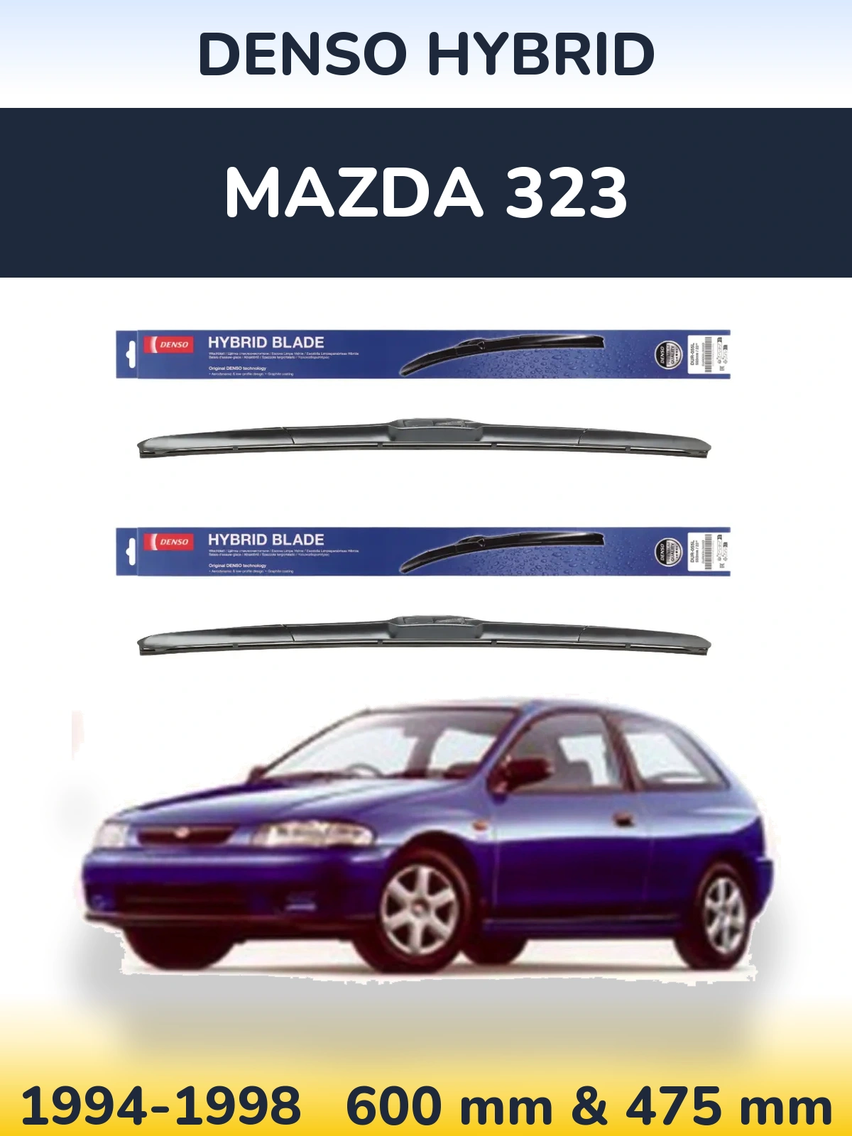 Front wiper blade set Denso Hybrid 600 & 475 mm for Mazda 323 1994-1998