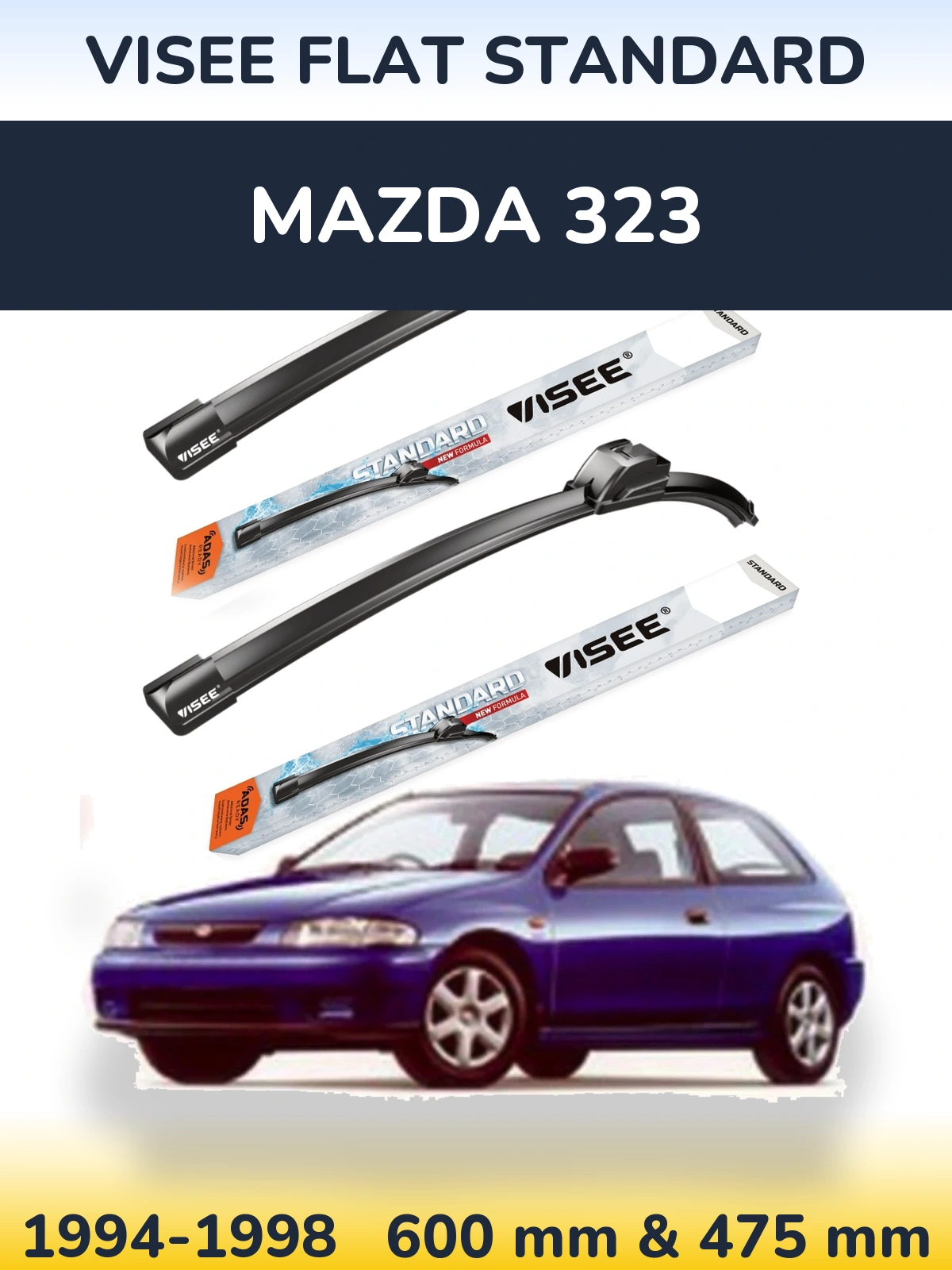 Front wiper blade set VISEE FLAT STANDARD 600 & 475 mm for Mazda 323 1994-1998