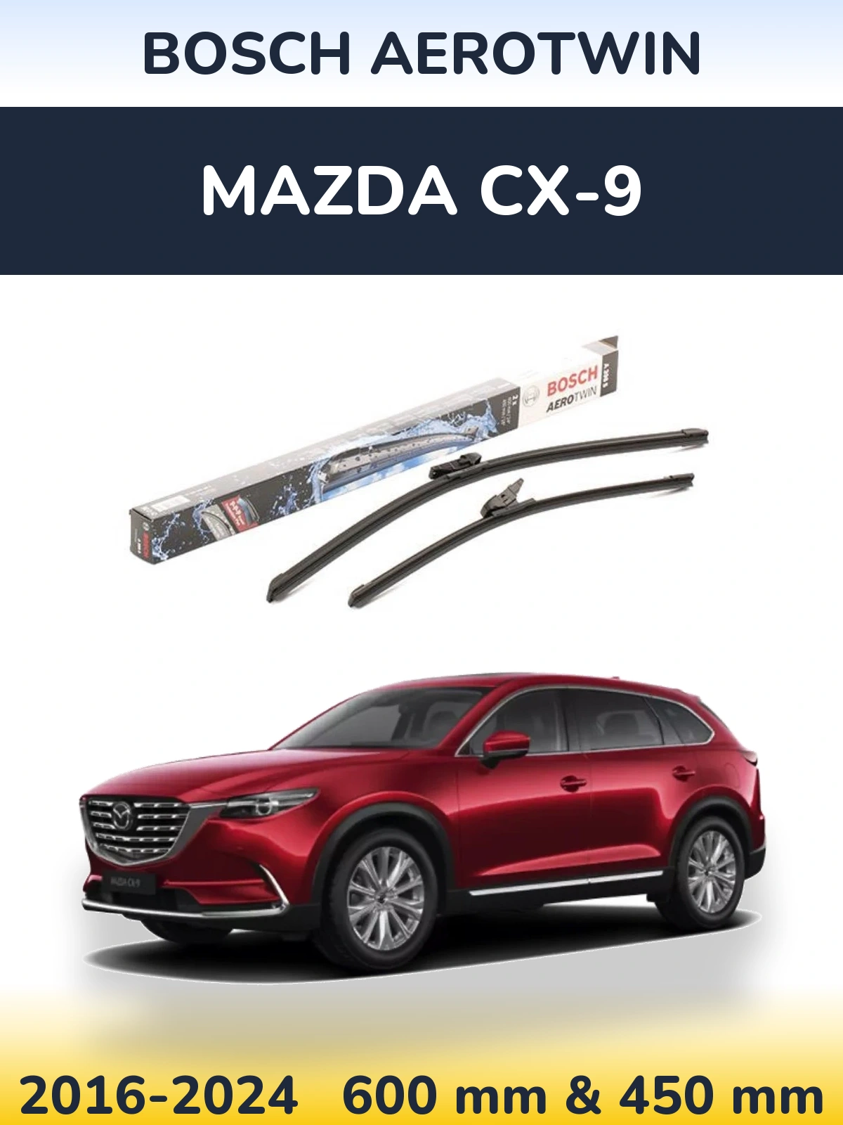 Комплект передних дворников BOSCH AeroTwin 600 & 450 мм для Mazda CX-9 2016-2024