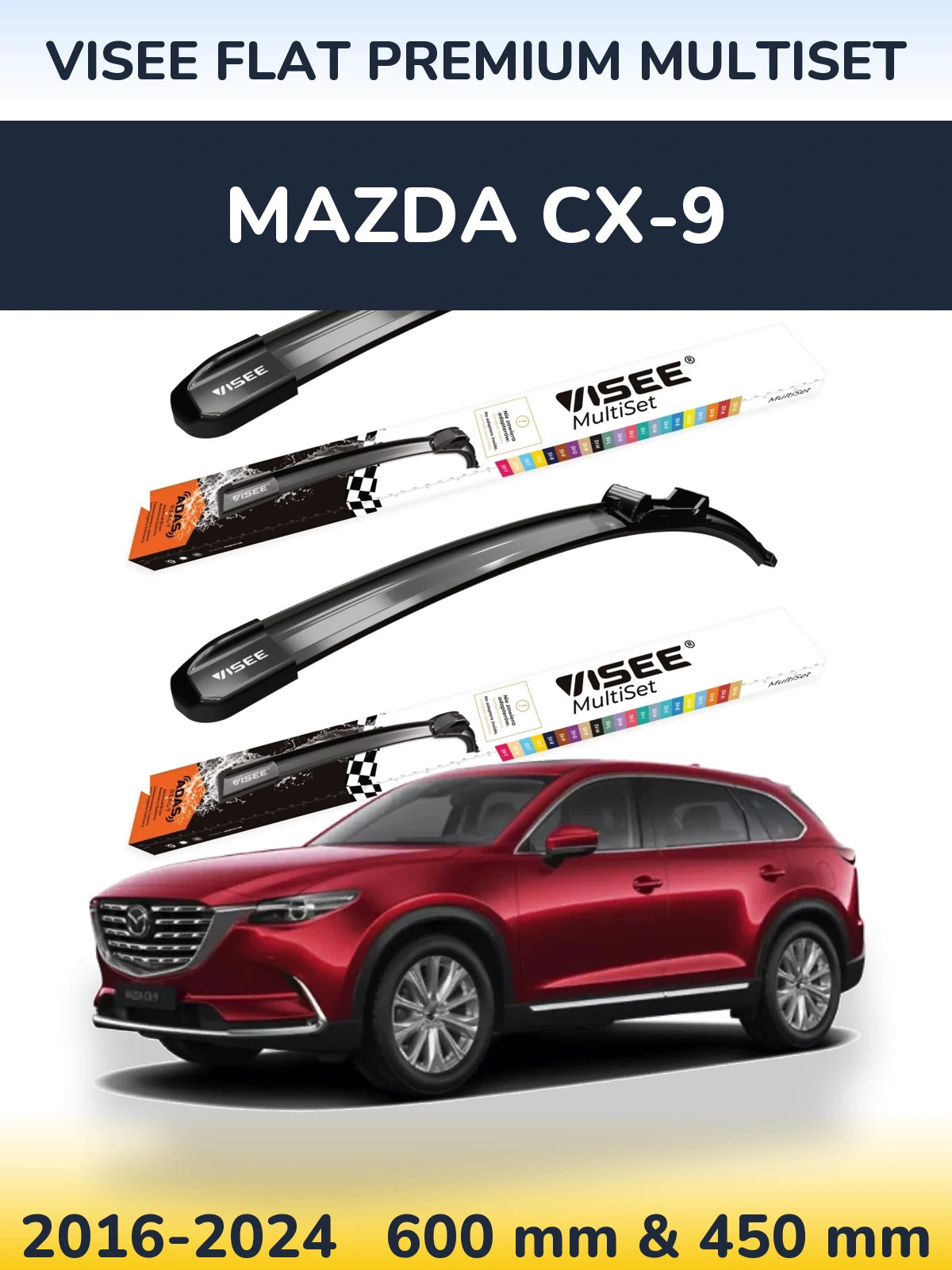 Komplet przednich wycieraczek VISEE FLAT PREMIUM MultiSet 600 & 450 mm do Mazda CX-9 2016-2024