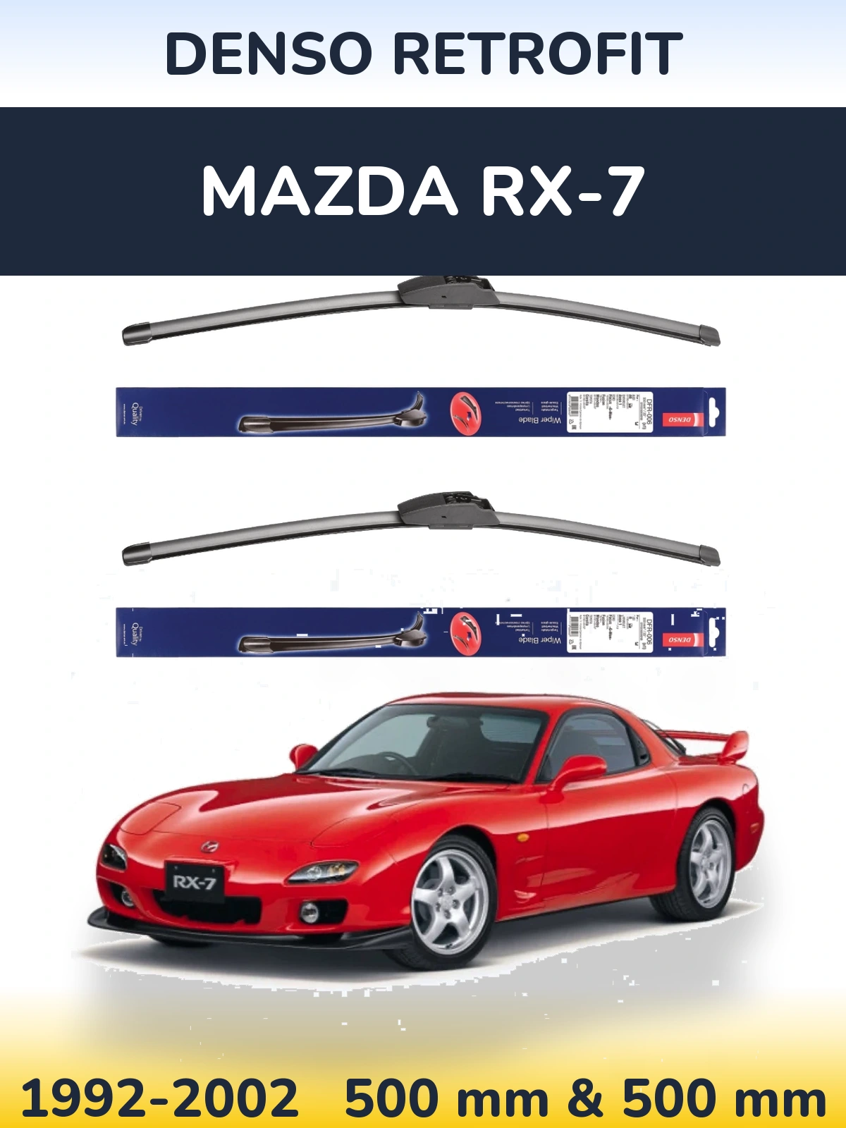 Front wiper blade set Denso Retrofit 500 & 500 mm for Mazda RX-7 1992-2002