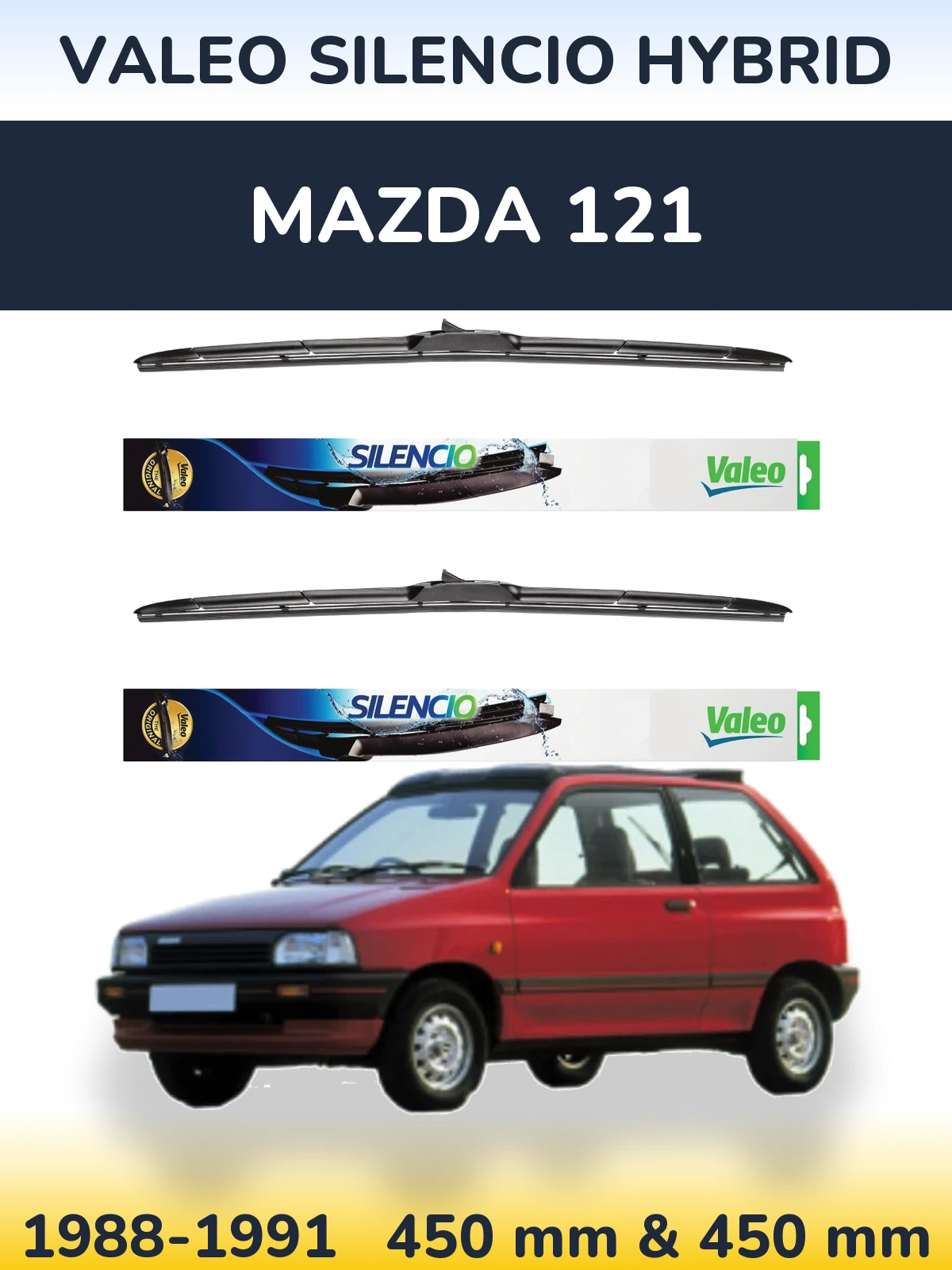 Front wiper blade set Valeo Silencio Hybrid 450 & 450 mm for Mazda 121 1988-1991
