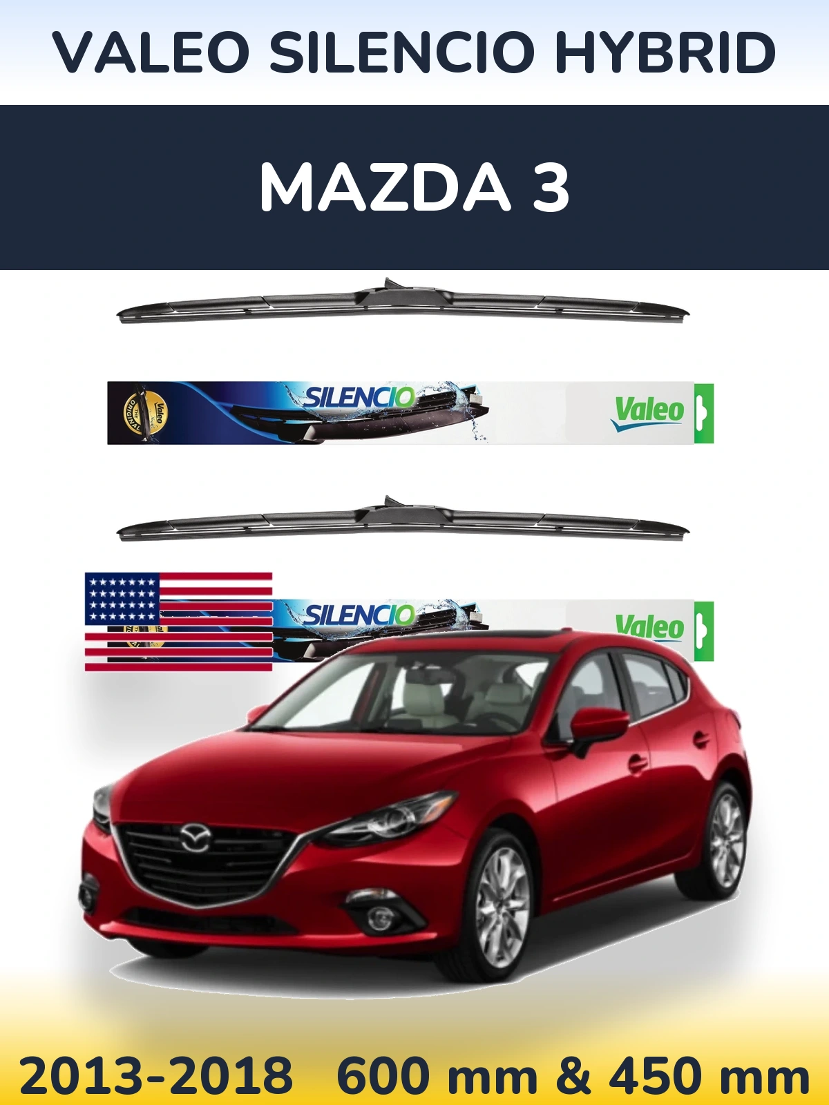 Komplet przednich wycieraczek Valeo Silencio Hybrid 600 & 450 mm do Mazda 3 2013-2018