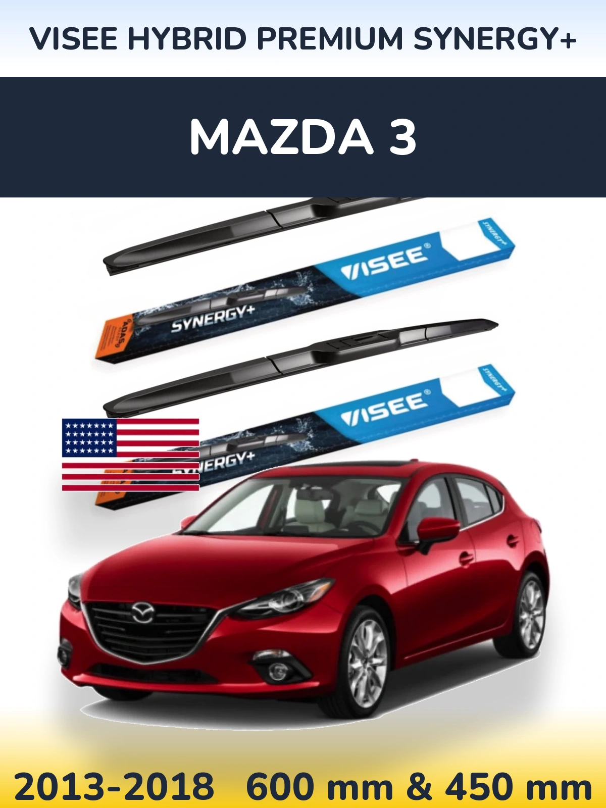 Front wiper blade set VISEE HYBRID PREMIUM SYNERGY+ 600 & 450 mm for Mazda 3 2013-2018