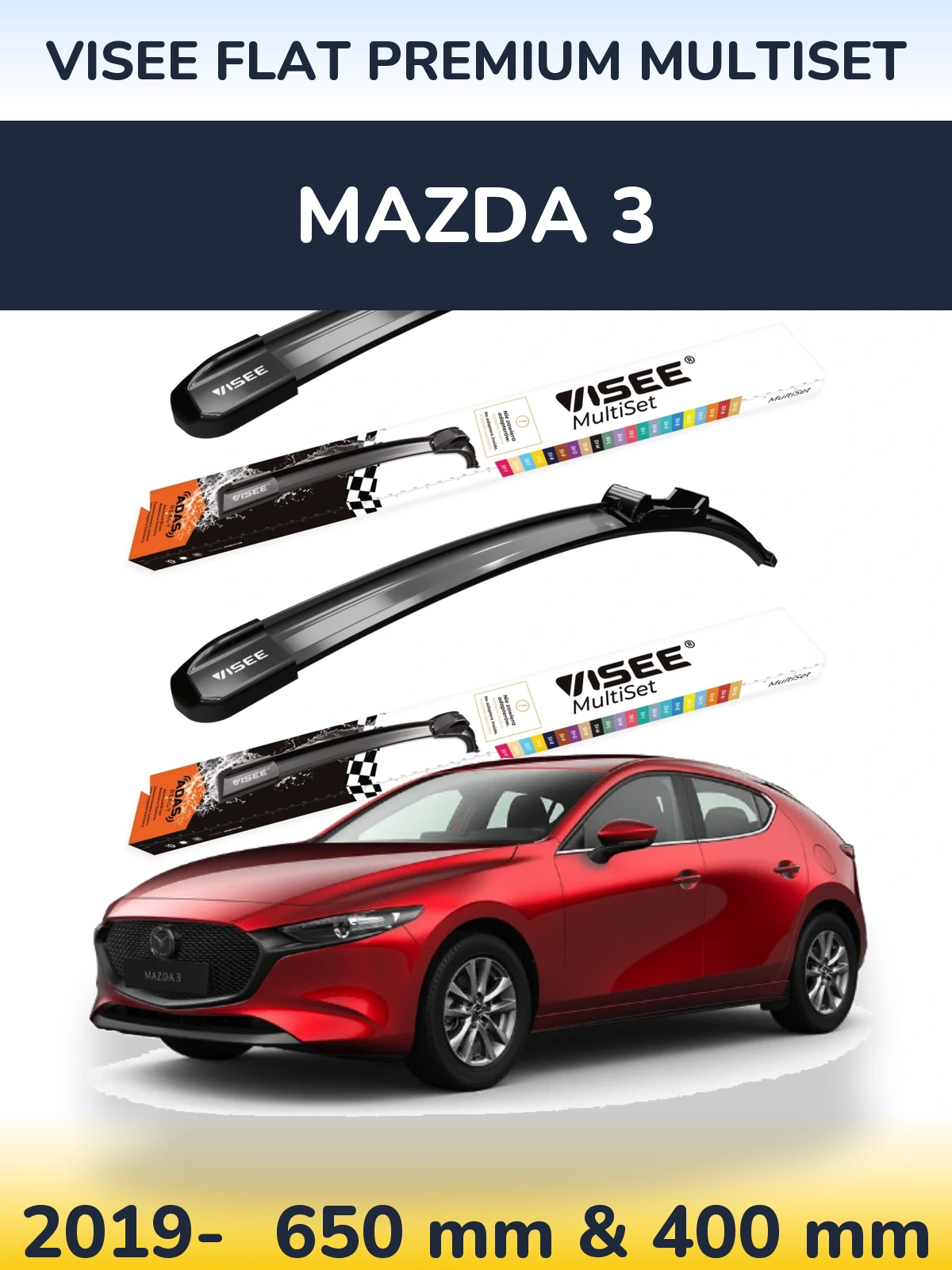 Komplet przednich wycieraczek VISEE FLAT PREMIUM MultiSet 650 & 400 mm do Mazda 3 2019-2026