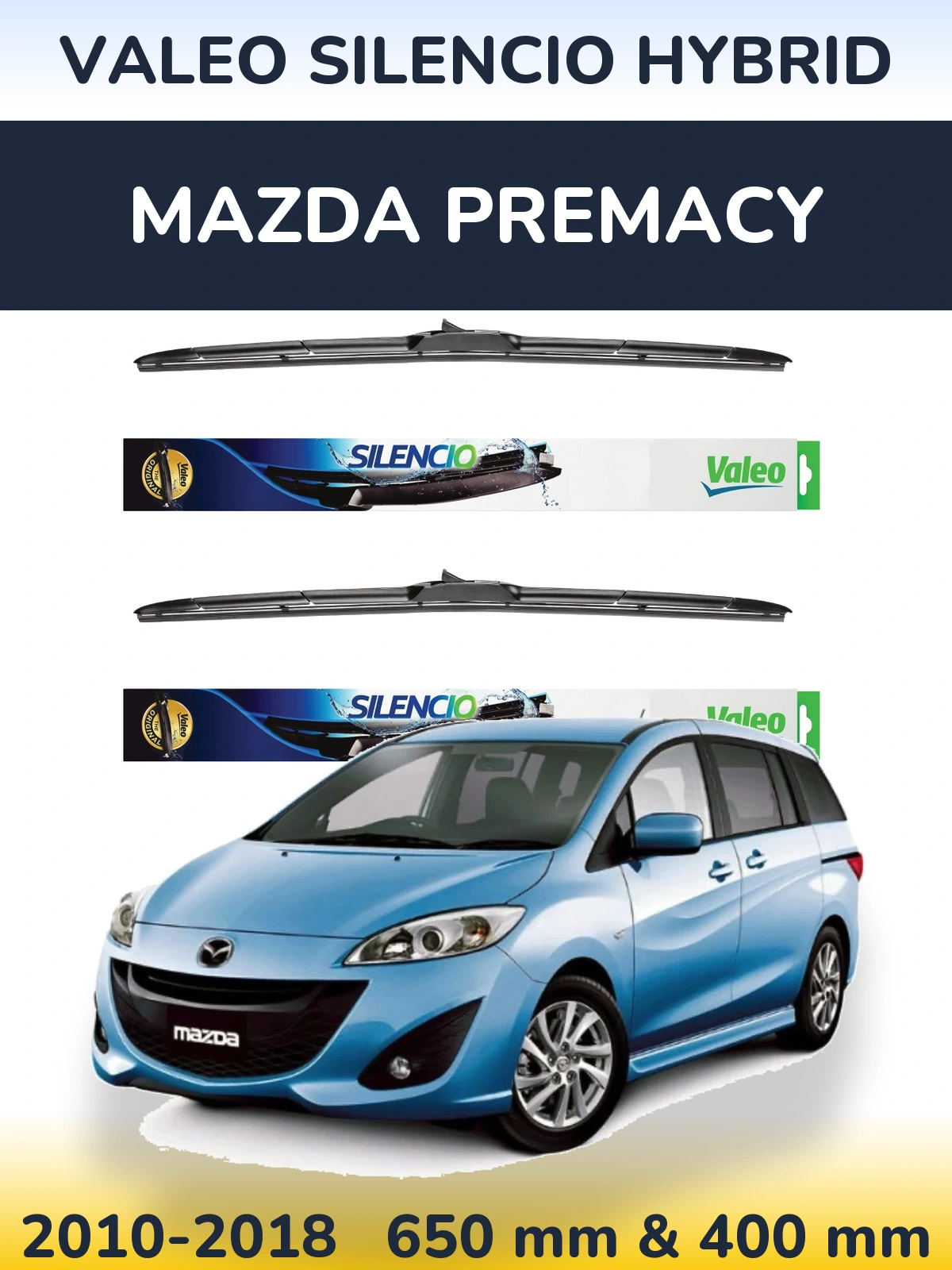 Komplet przednich wycieraczek Valeo Silencio Hybrid 650 & 400 mm do Mazda Premacy 2010-2018