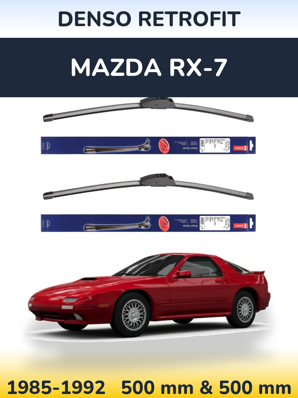 Front wiper blade set Denso Retrofit 500 & 500 mm for Mazda RX-7 1985-1992