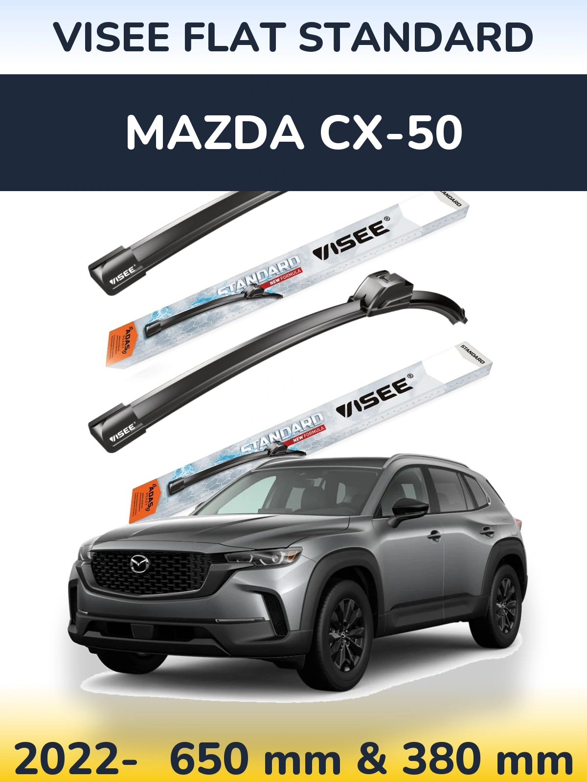 Komplet przednich wycieraczek VISEE FLAT STANDARD 650 & 380 mm do Mazda CX-50 2022-2026