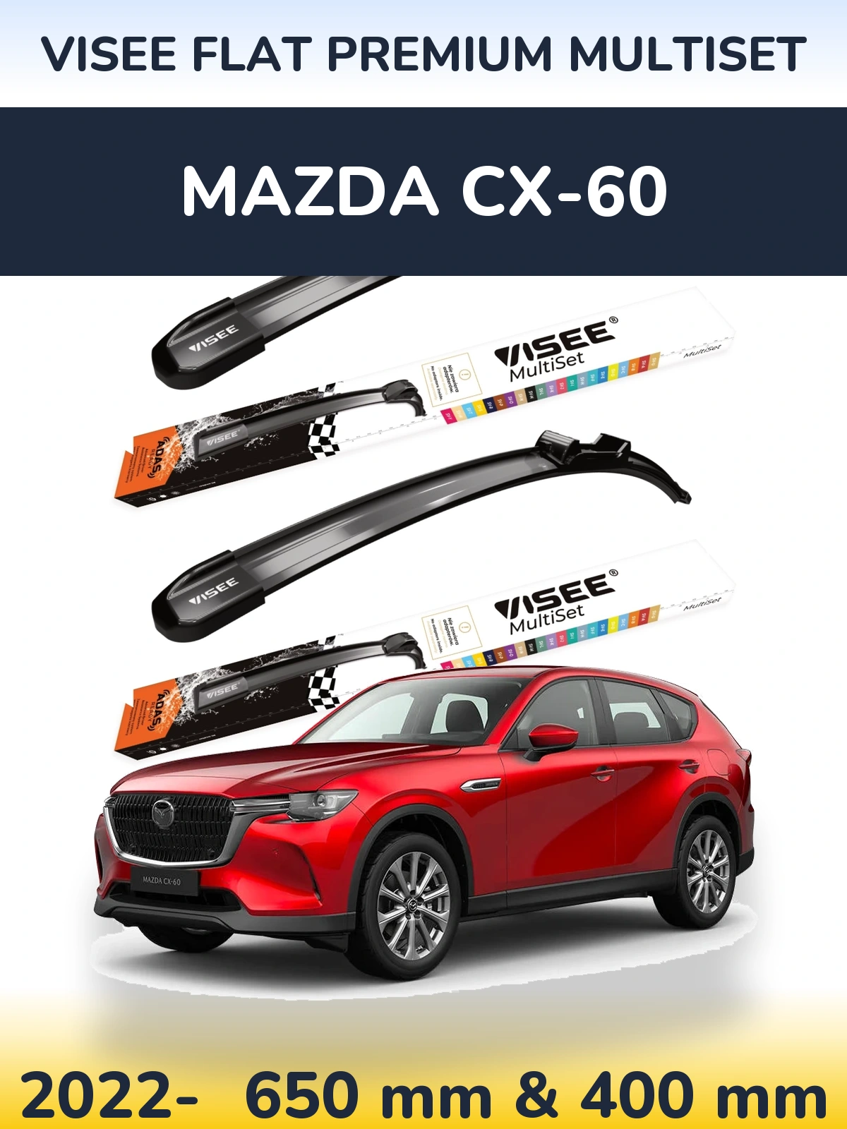 Komplet przednich wycieraczek VISEE FLAT PREMIUM MultiSet 650 & 400 mm do Mazda CX-60 2022-2026