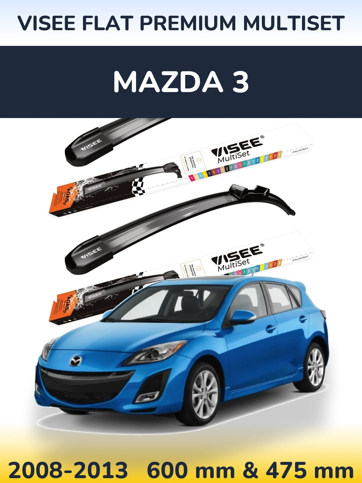 Комплект передних дворников VISEE FLAT PREMIUM MultiSet 600 & 475 мм для Mazda 3 2008-2013