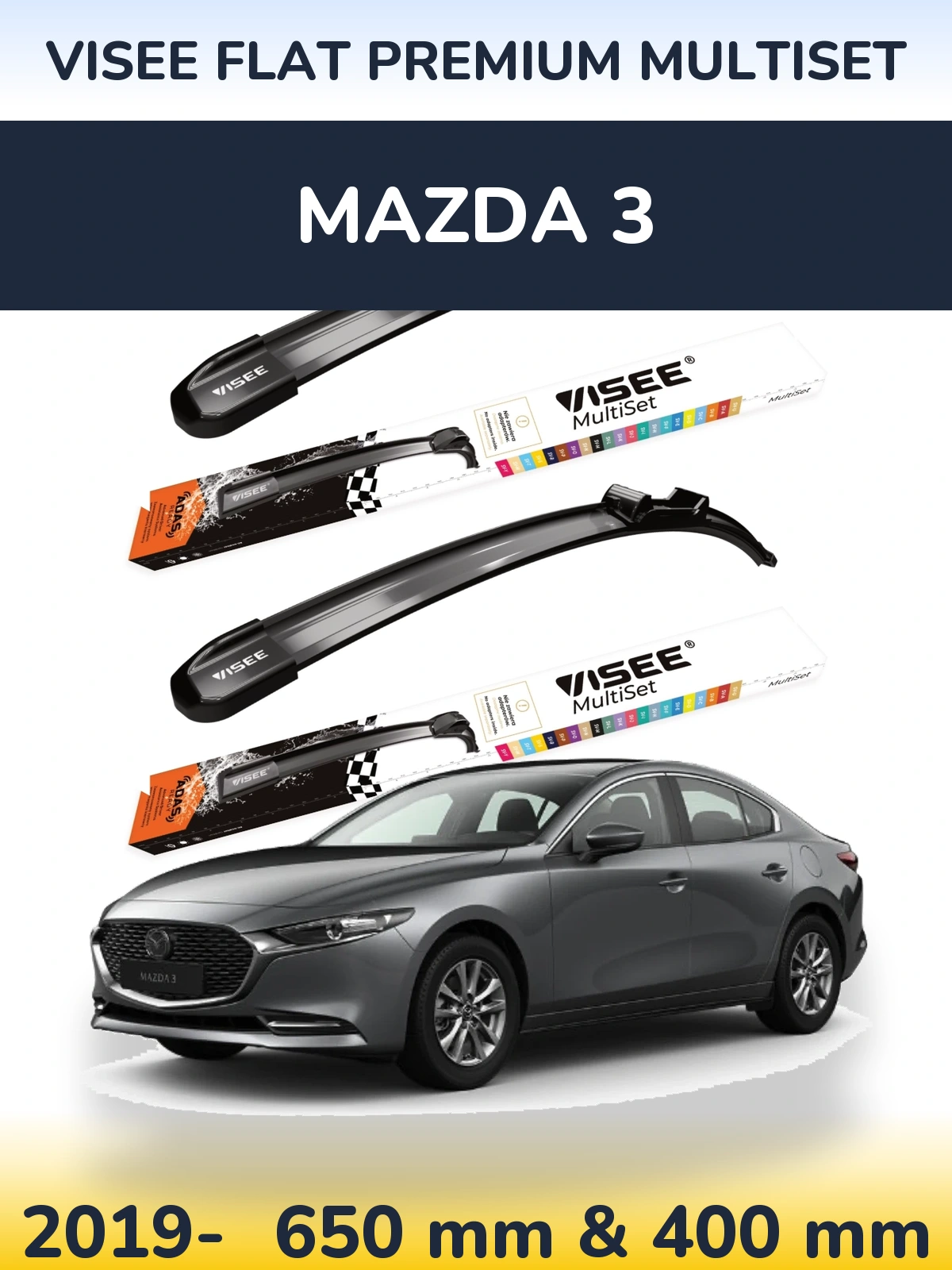 Komplet przednich wycieraczek VISEE FLAT PREMIUM MultiSet 650 & 400 mm do Mazda 3 2019-2026