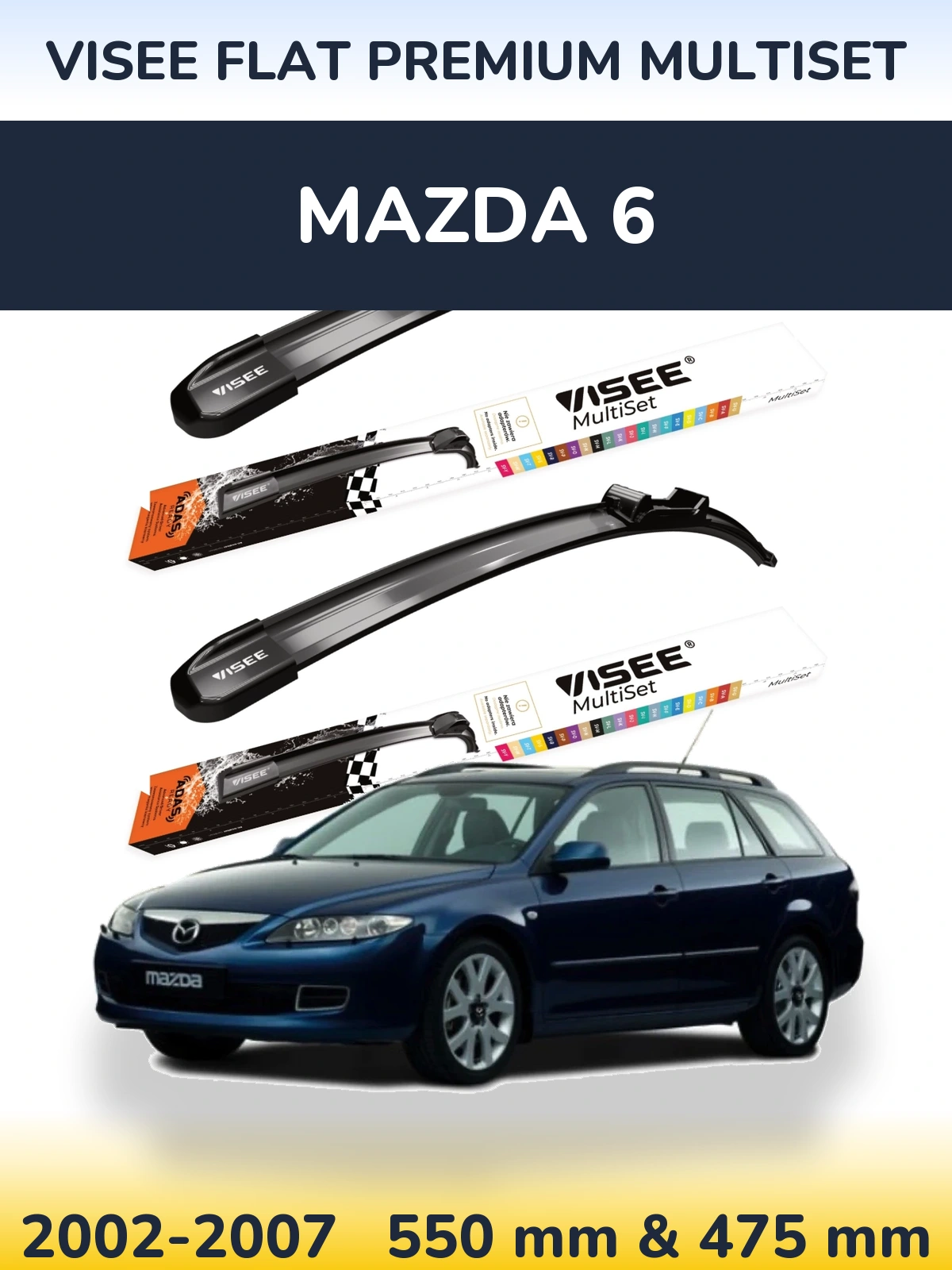 Комплект передних дворников VISEE FLAT PREMIUM MultiSet 550 & 475 мм для Mazda 6 2002-2007