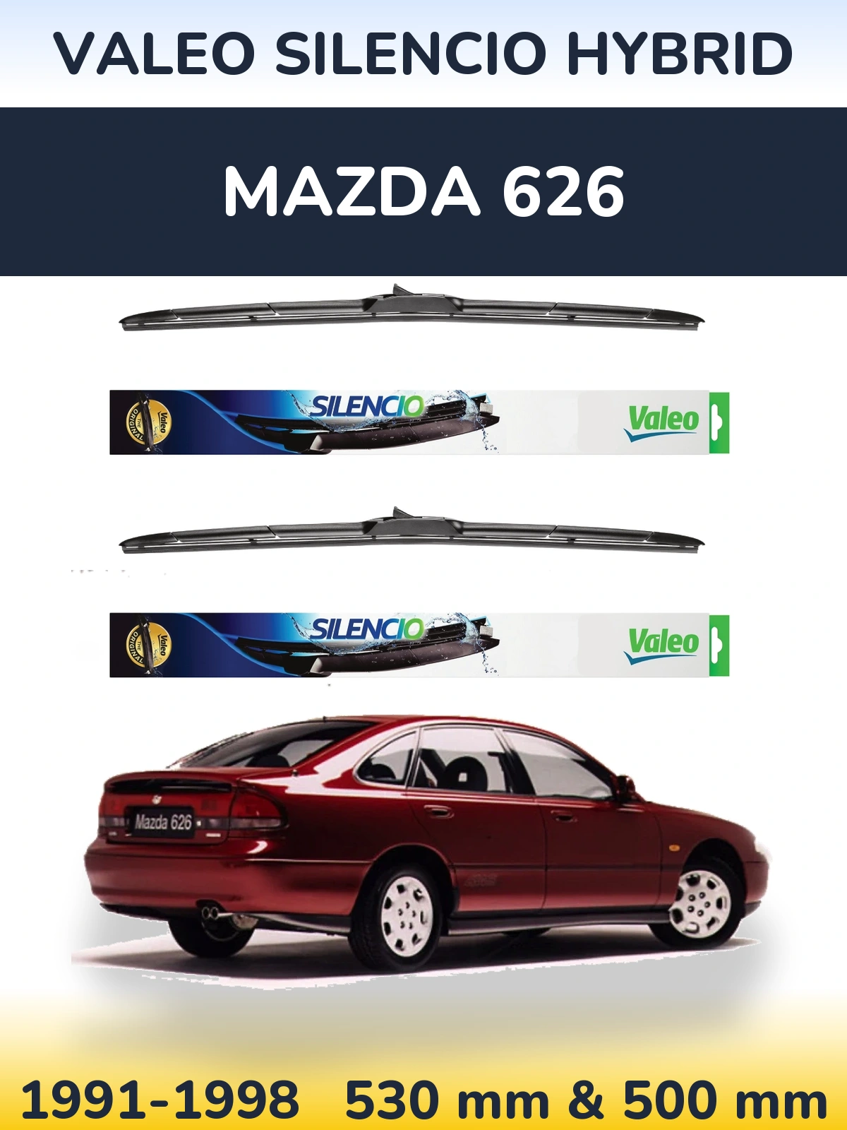 Komplet przednich wycieraczek Valeo Silencio Hybrid 530 & 500 mm do Mazda 626 1991-1998
