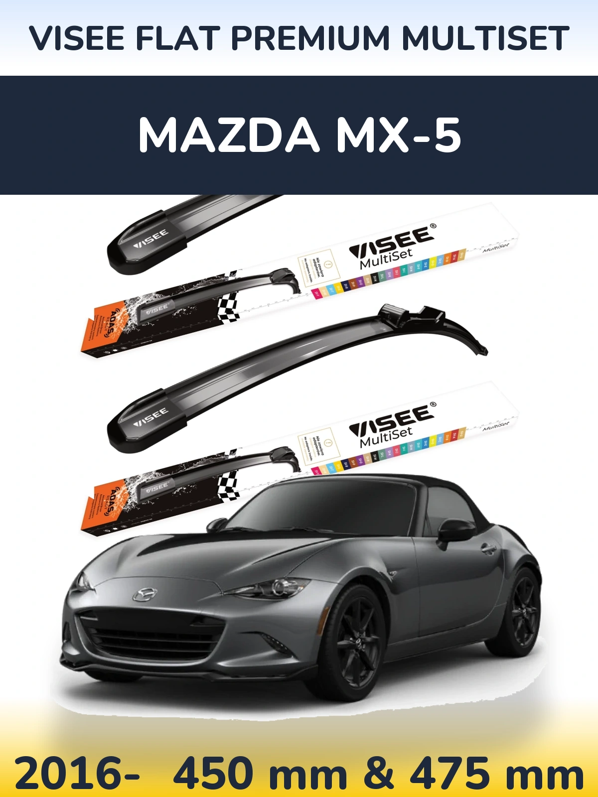 Комплект передних дворников VISEE FLAT PREMIUM MultiSet 450 & 475 мм для Mazda MX-5 2016-2026