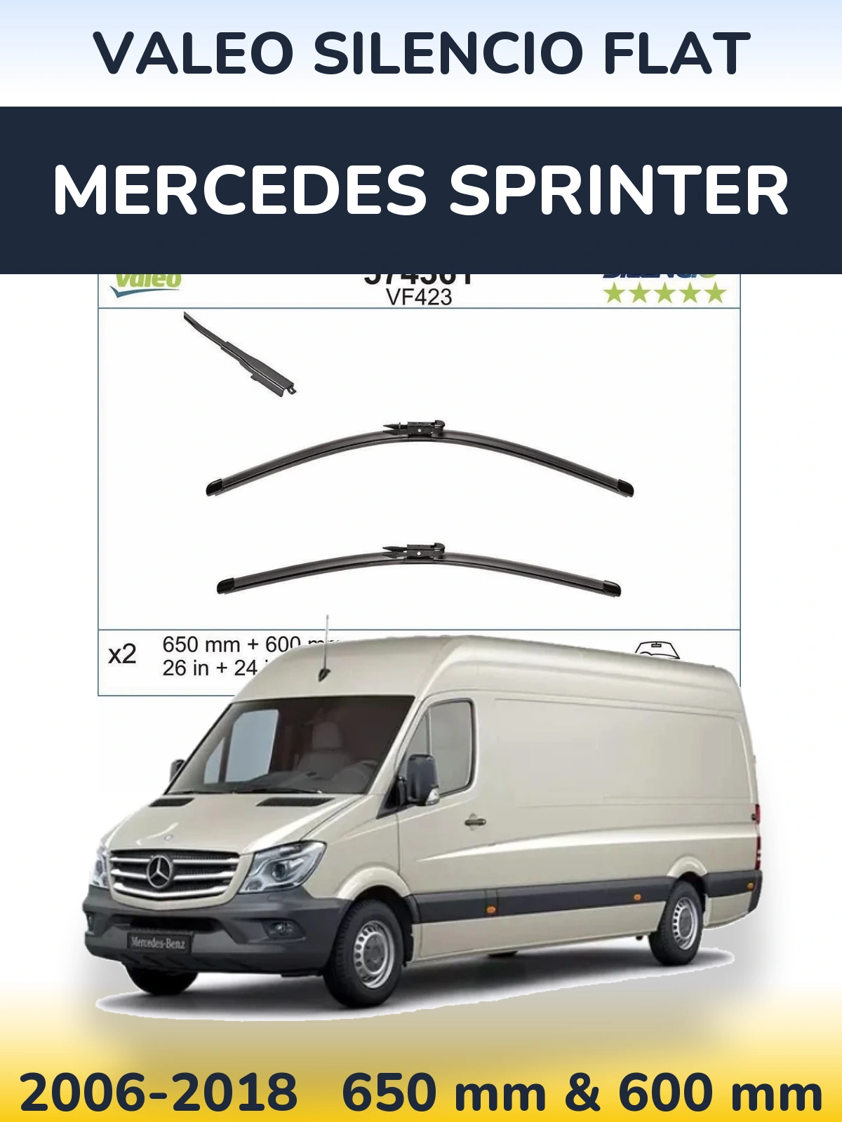 Front wiper blade set Valeo Silencio Flat 650 & 600 mm for Mercedes Sprinter 2006-2018