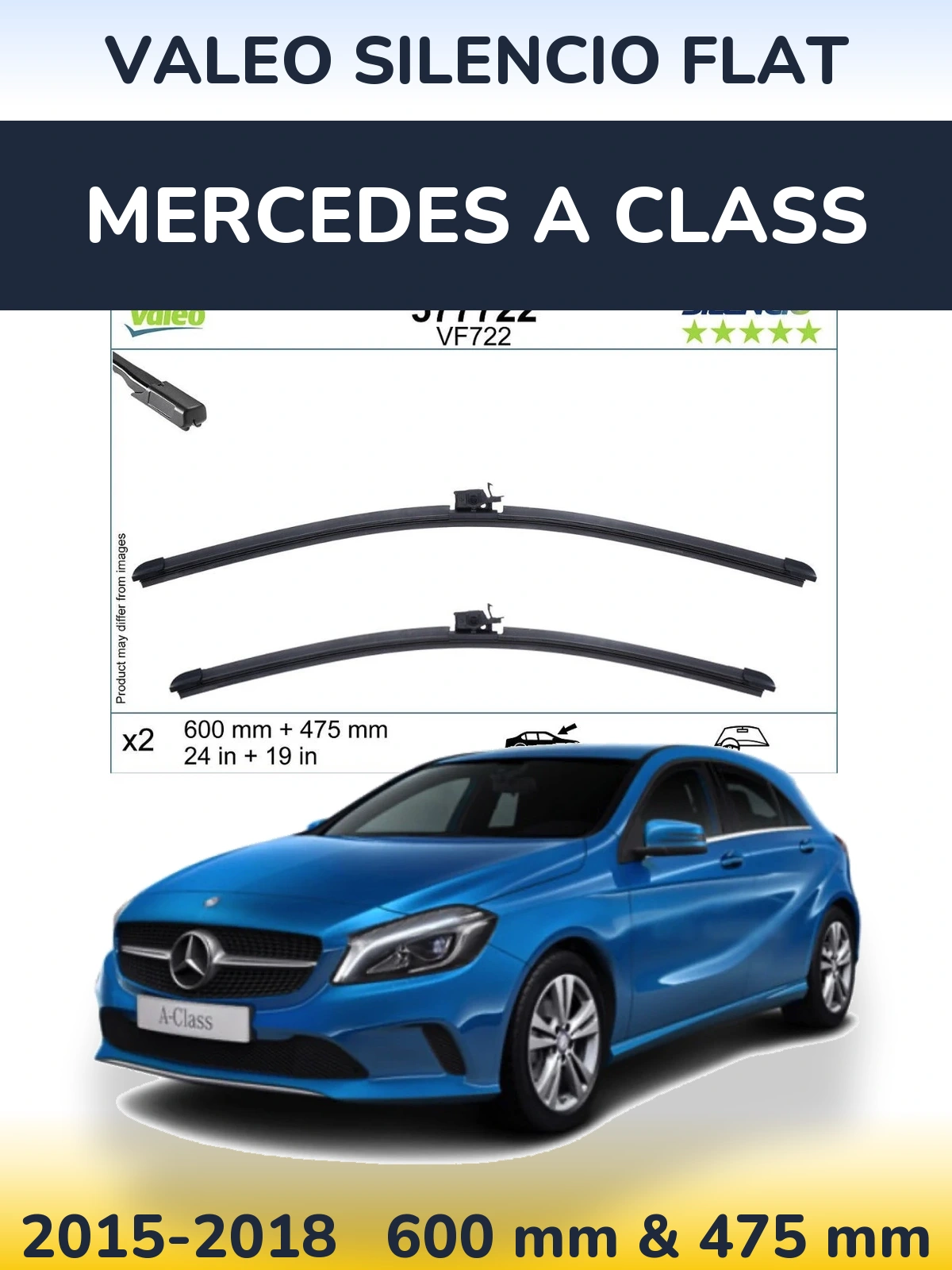 Комплект передних дворников Valeo Silencio Flat 600 & 475 мм для Mercedes A Class 2015-2018