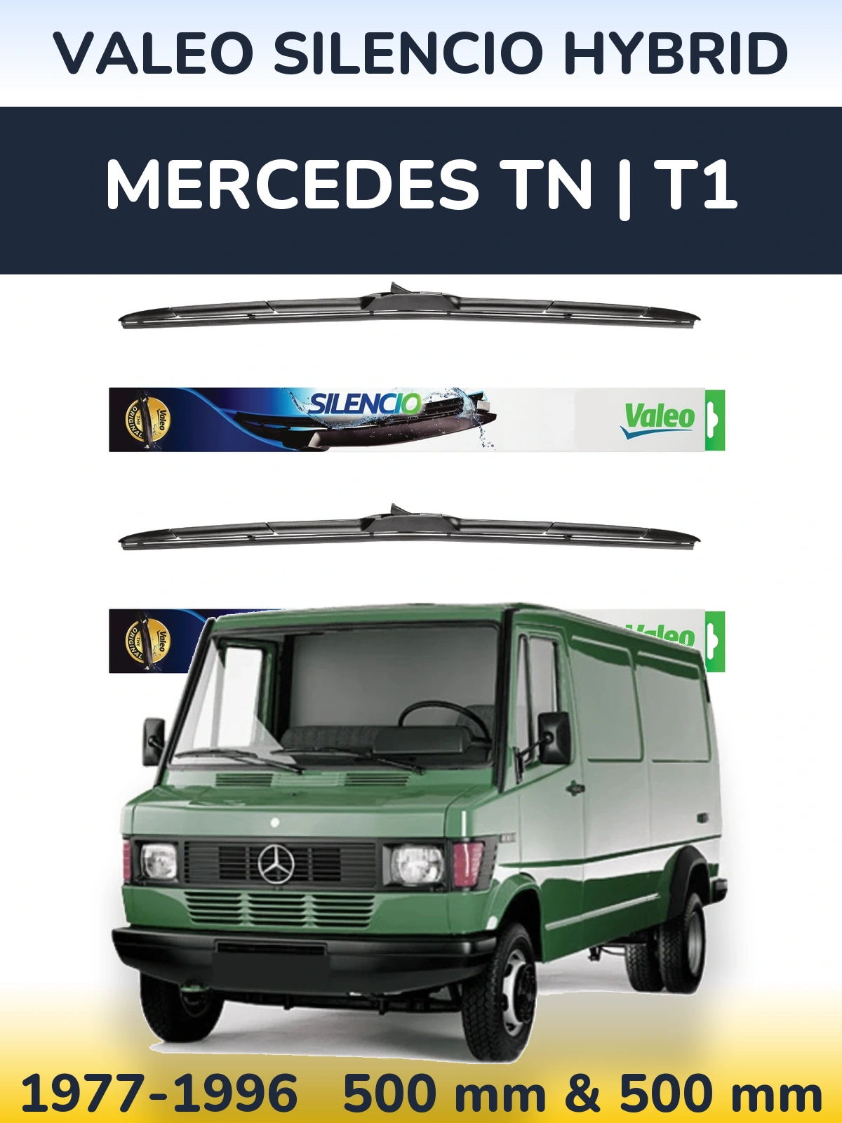 Komplet przednich wycieraczek Valeo Silencio Hybrid 500 & 500 mm do Mercedes TN | T1 1977-1996
