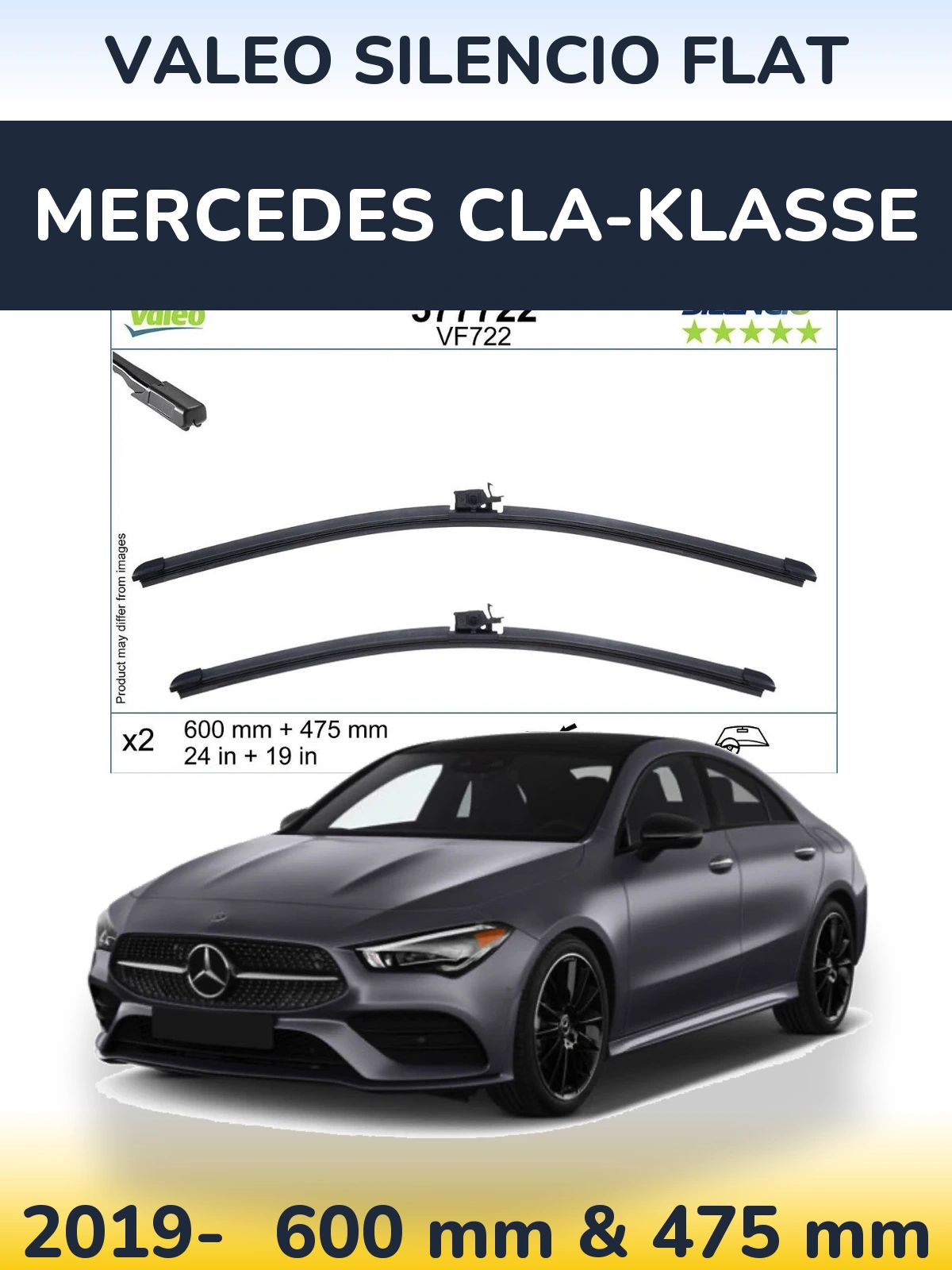 Комплект передних дворников Valeo Silencio Flat 600 & 475 мм для Mercedes CLA-Klasse 2019-2026