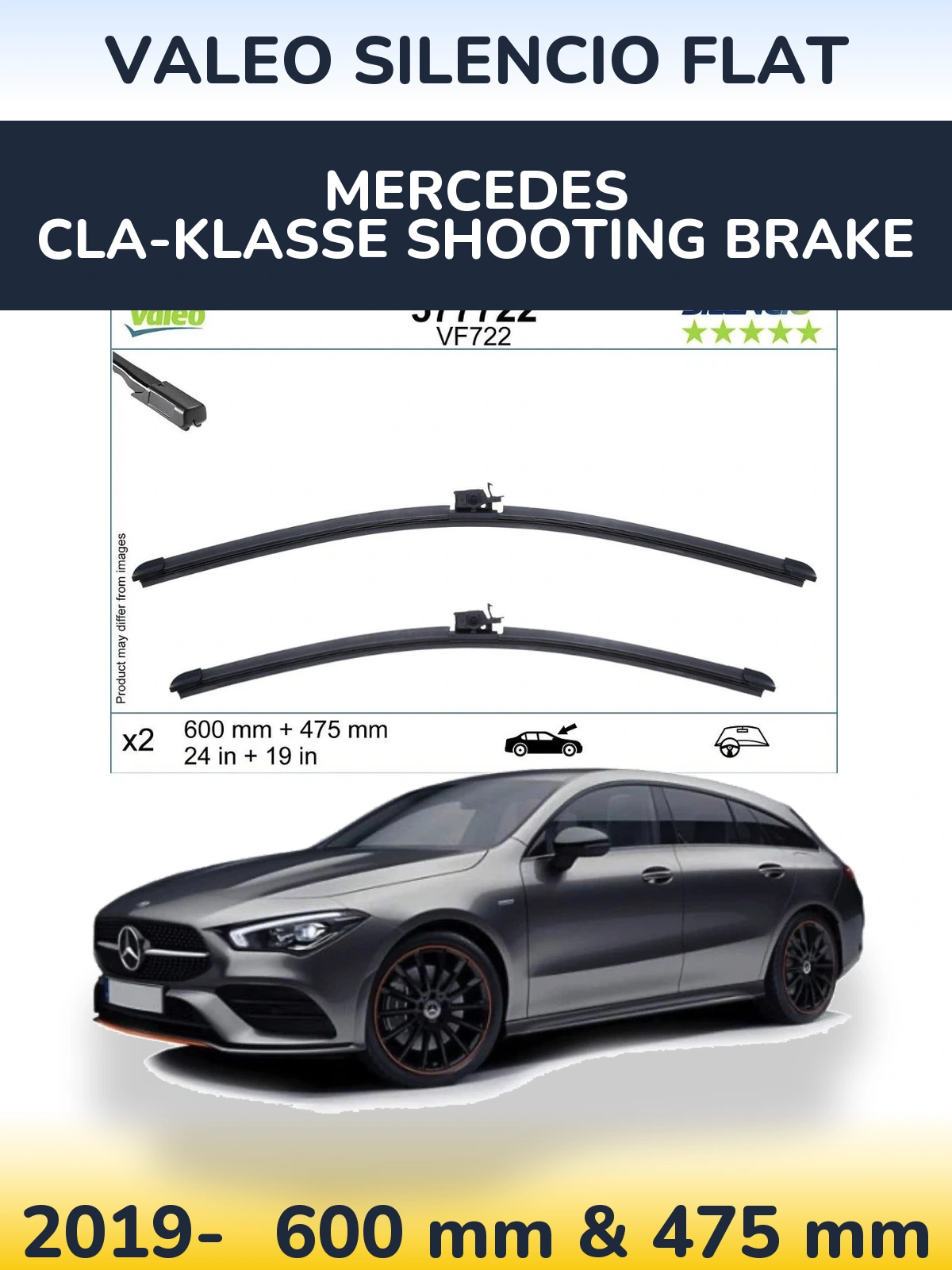 Komplet przednich wycieraczek Valeo Silencio Flat 600 & 475 mm do Mercedes CLA-Klasse Shooting Brake 2019-2026