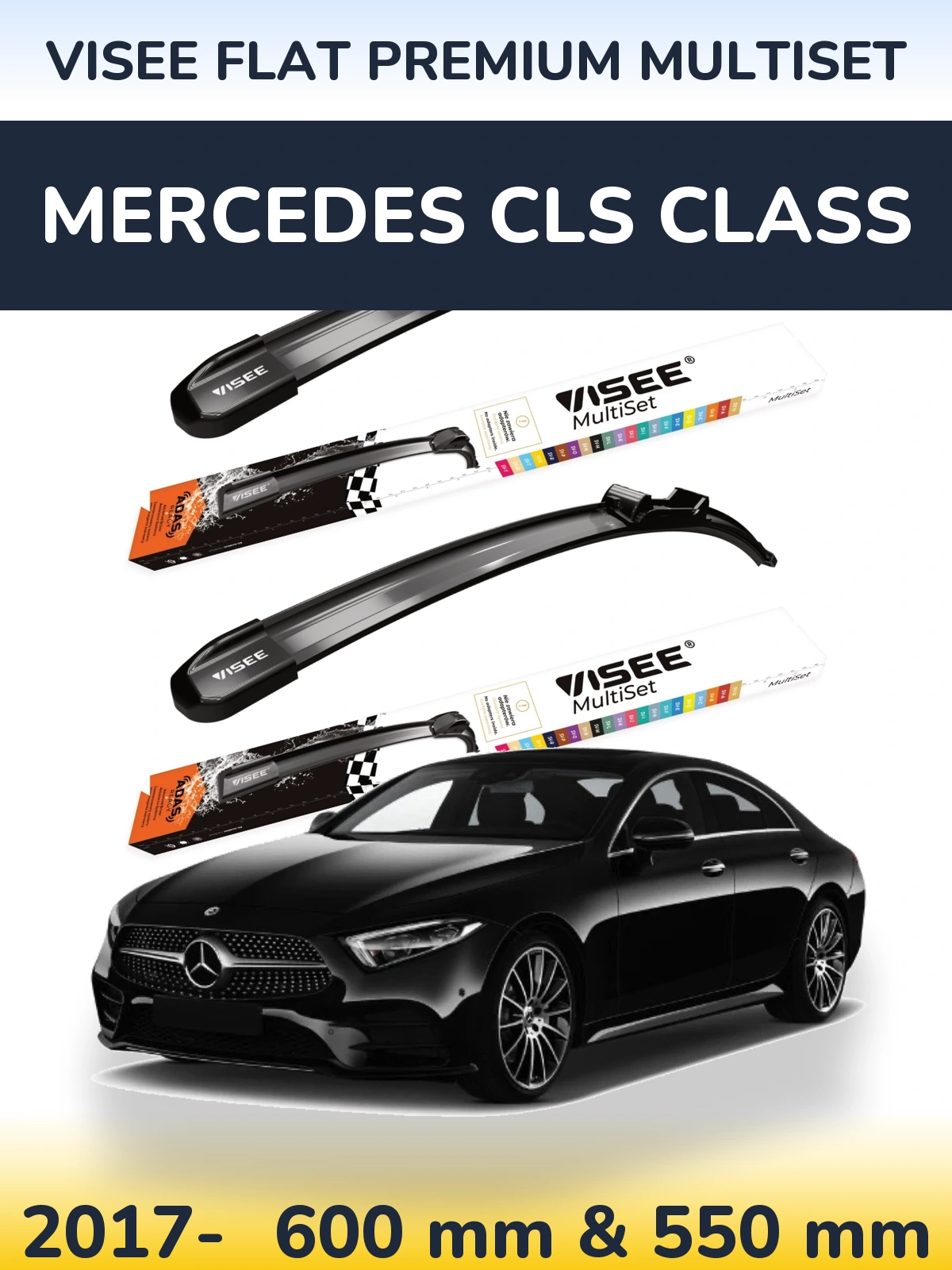 Комплект передніх щіток VISEE FLAT PREMIUM MultiSet 600 & 550 мм для Mercedes CLS Class 2017-2026