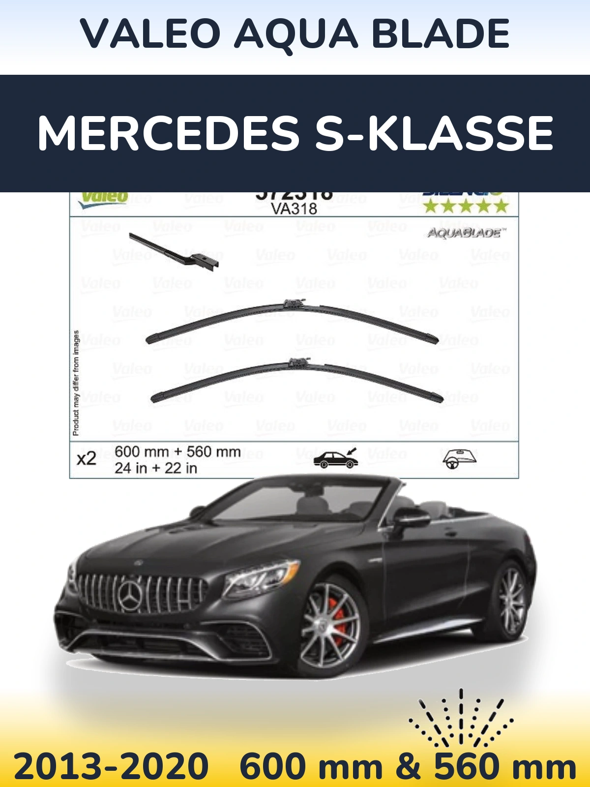 Front wiper blade set Valeo Aqua Blade 600 & 560 mm for Mercedes S-Klasse 2013-2020