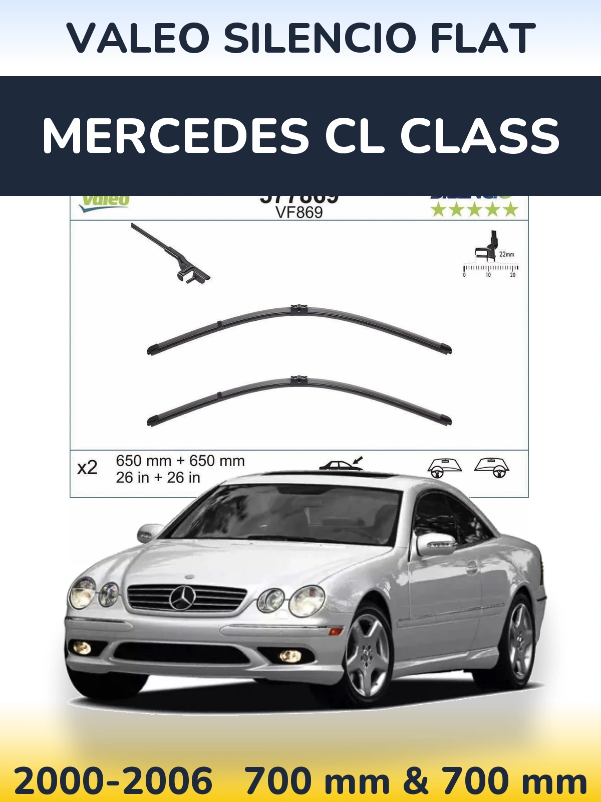 Front wiper blade set Valeo Silencio Flat 680 & 680 mm for Mercedes CL Class 2000-2006