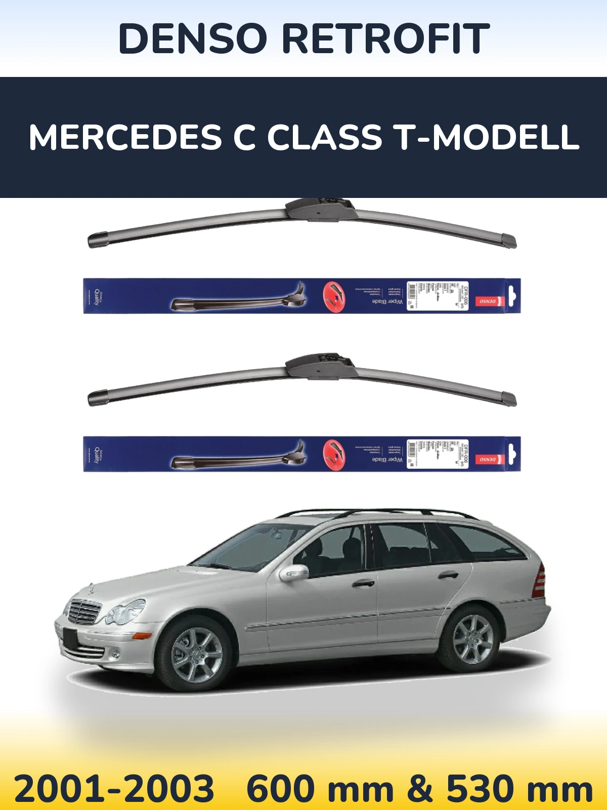 Front wiper blade set Denso Retrofit 600 & 530 mm for Mercedes C Class T-Modell 2001-2003