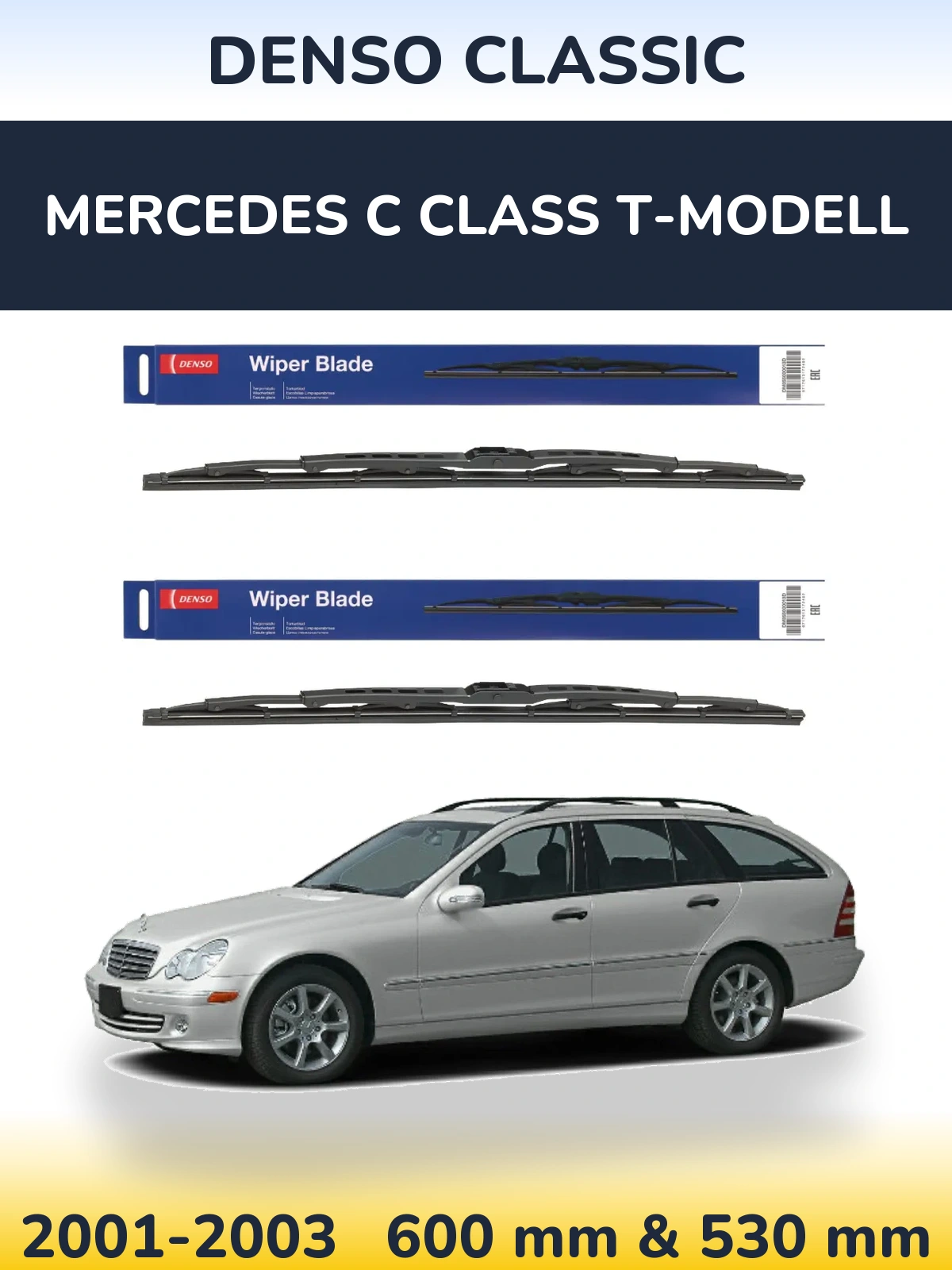 Front wiper blade set Denso Classic 600 & 530 mm for Mercedes C Class T-Modelisl 2001-2003