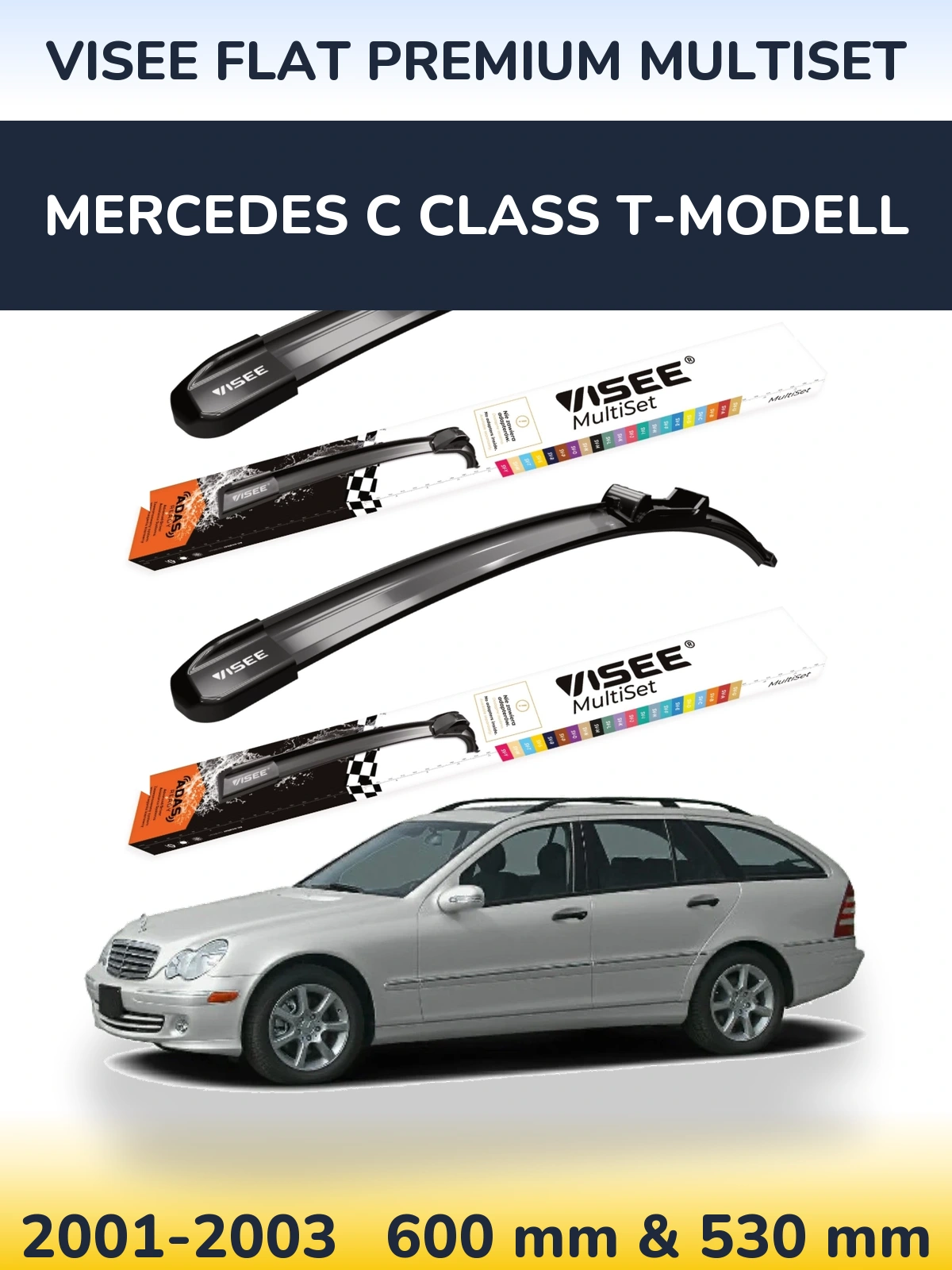 Комплект передних дворников VISEE FLAT PREMIUM MultiSet 600 & 530 мм для Mercedes C Class T-Модельl 2001-2003