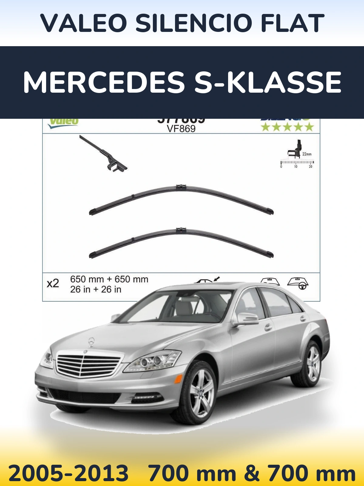 Front wiper blade set Valeo Silencio Flat 680 & 680 mm for Mercedes S-Klasse 2005-2013