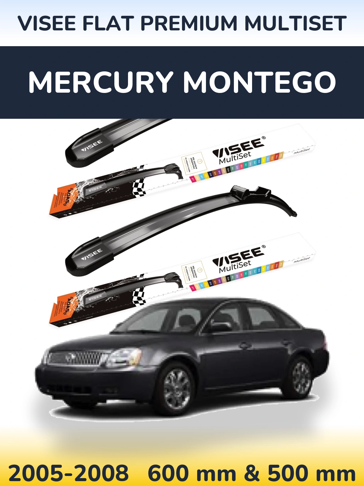 Комплект передніх щіток VISEE FLAT PREMIUM MultiSet 600 & 500 мм для Mercury Montego 2005-2008