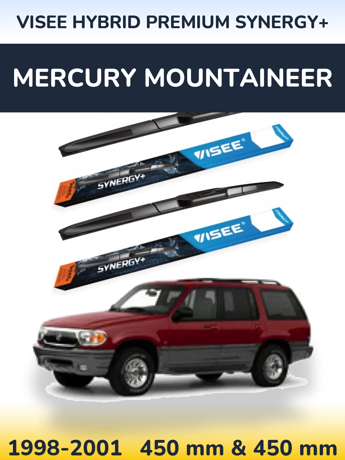 Front wiper blade set VISEE HYBRID PREMIUM SYNERGY+ 450 & 450 mm for Mercury Mountaineer 1998-2001