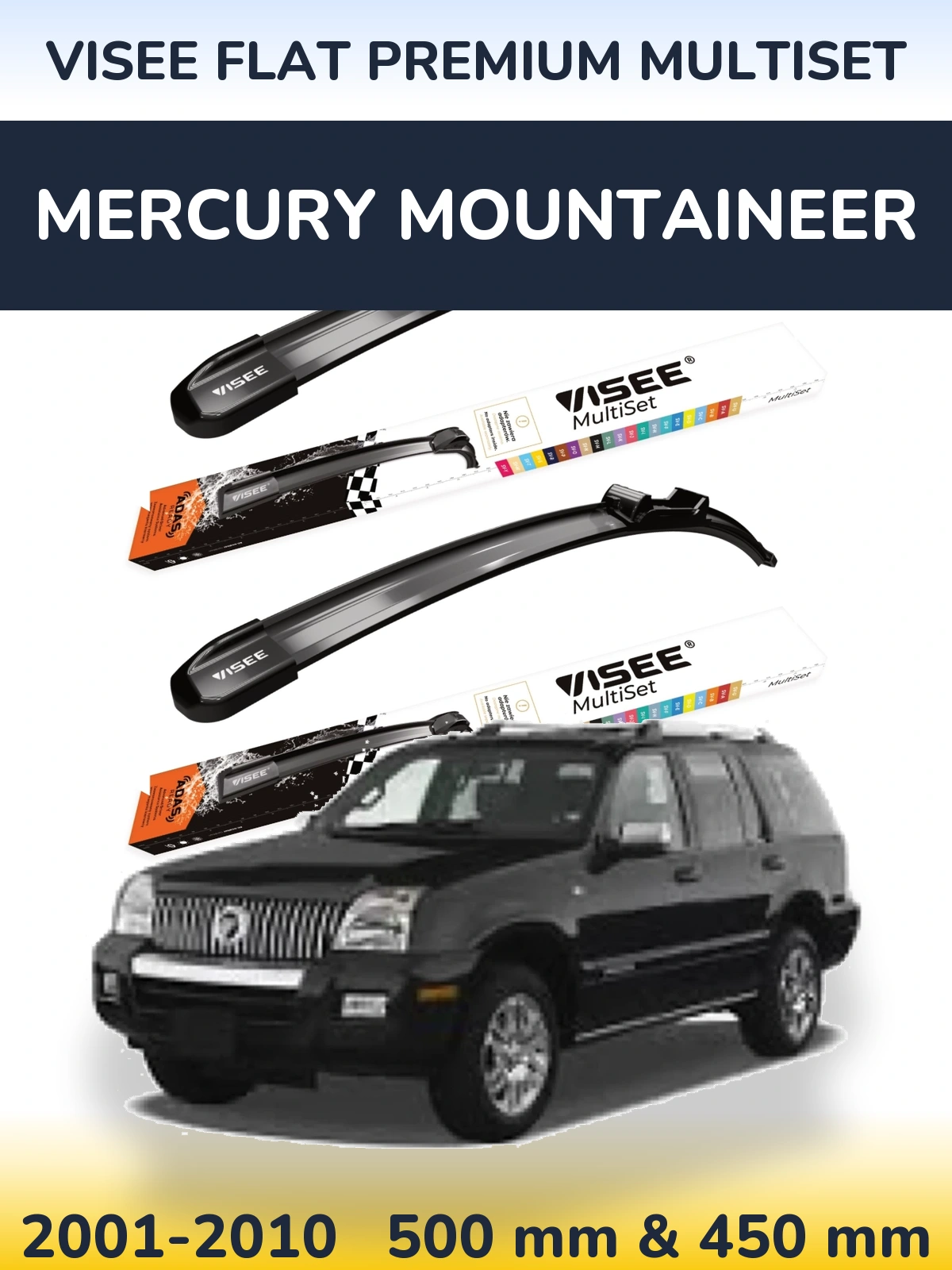 Комплект передних дворников VISEE FLAT PREMIUM MultiSet 500 & 450 мм для Mercury Mountaineer 2001-2010