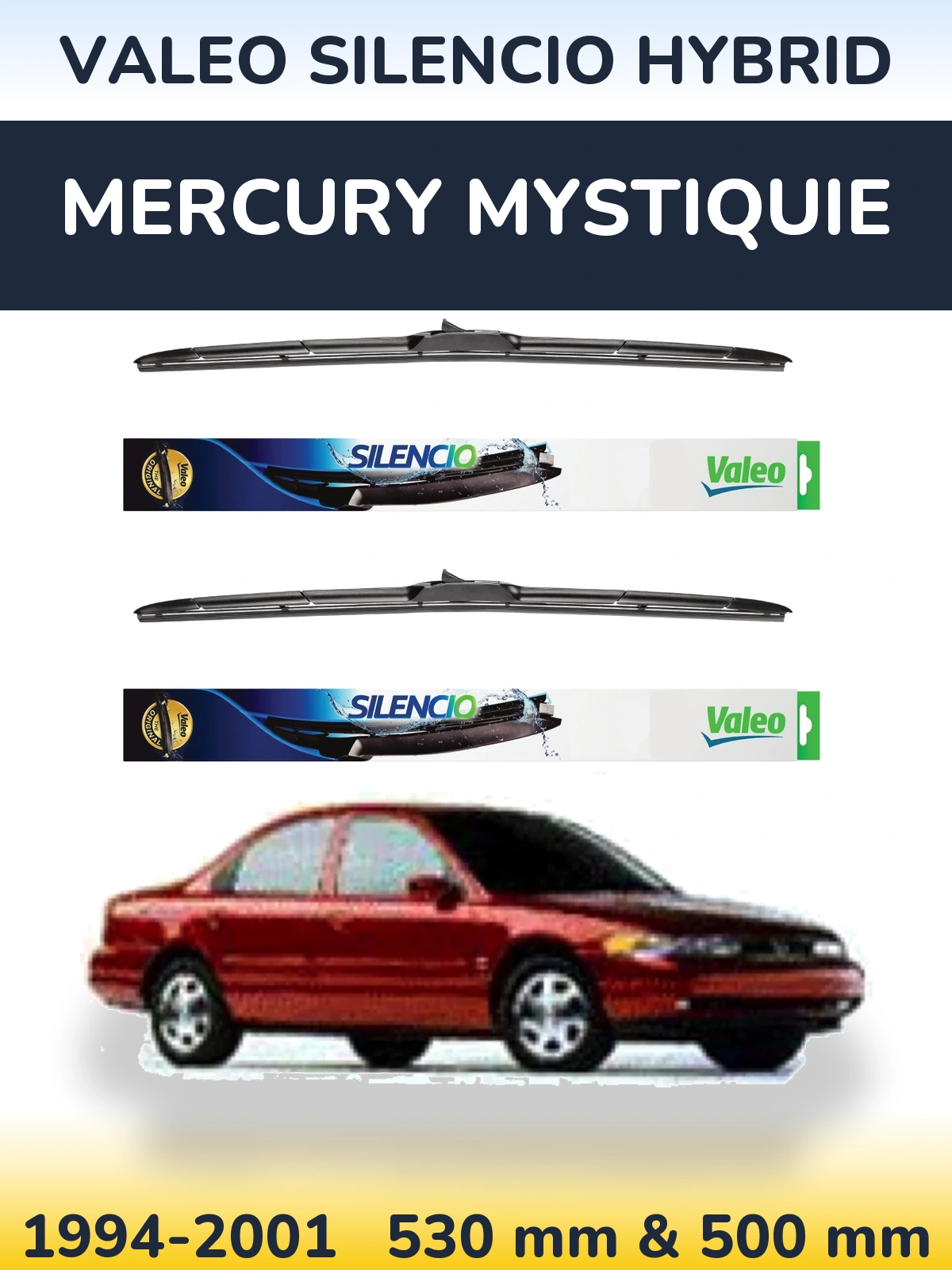Front wiper blade set Valeo Silencio Hybrid 530 & 500 mm for Mercury Mystiquie 1994-2001