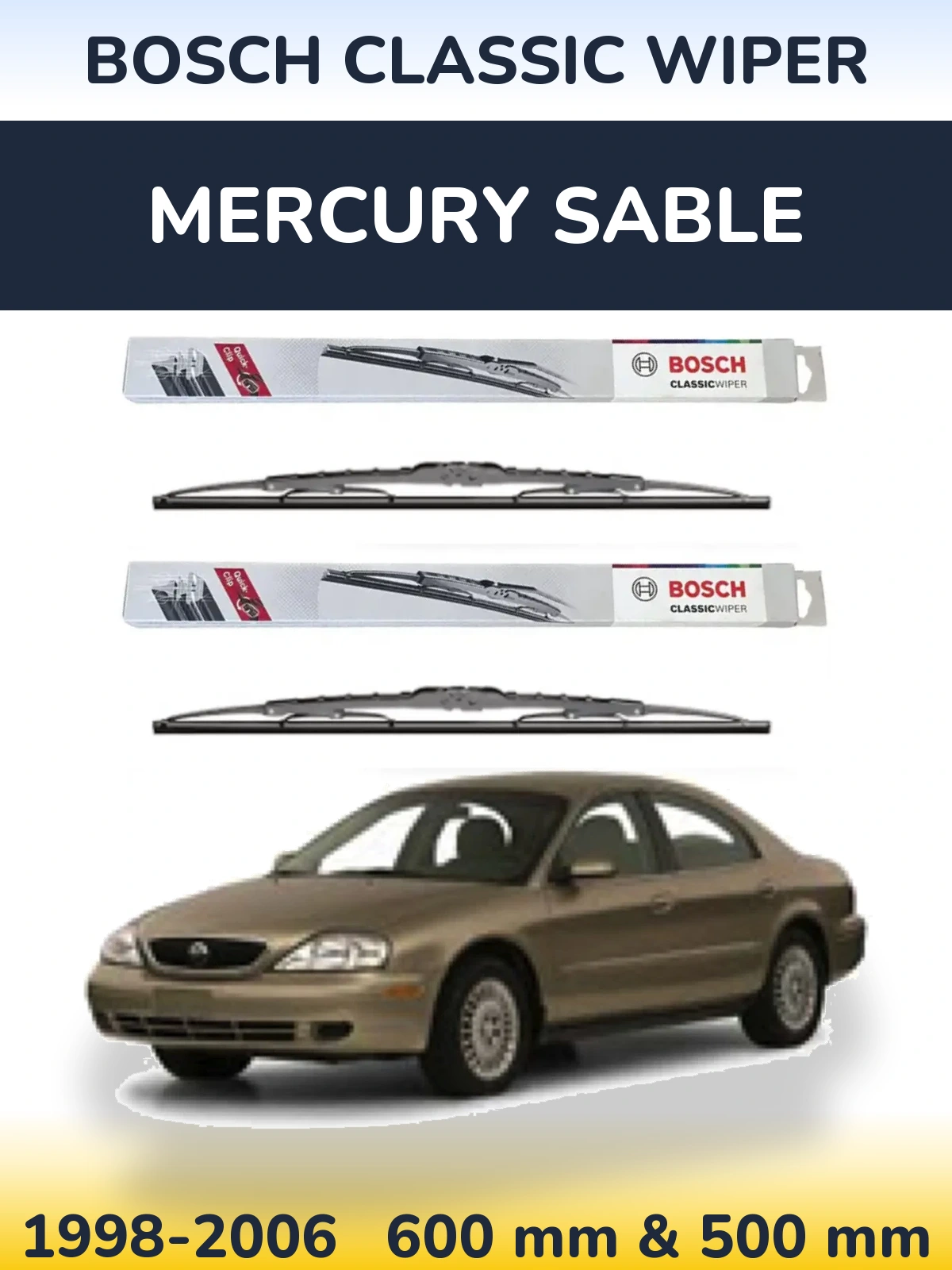 Komplet przednich wycieraczek BOSCH Classic Wiper 600 & 500 mm do Mercury Sable 1998-2006