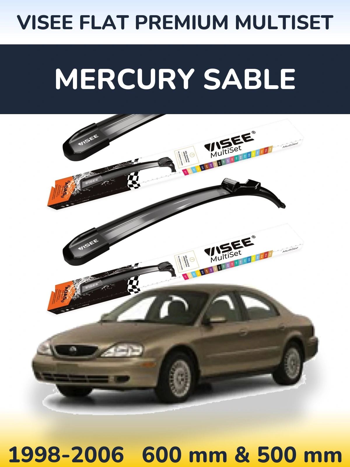 Komplet przednich wycieraczek VISEE FLAT PREMIUM MultiSet 600 & 500 mm do Mercury Sable 1998-2006