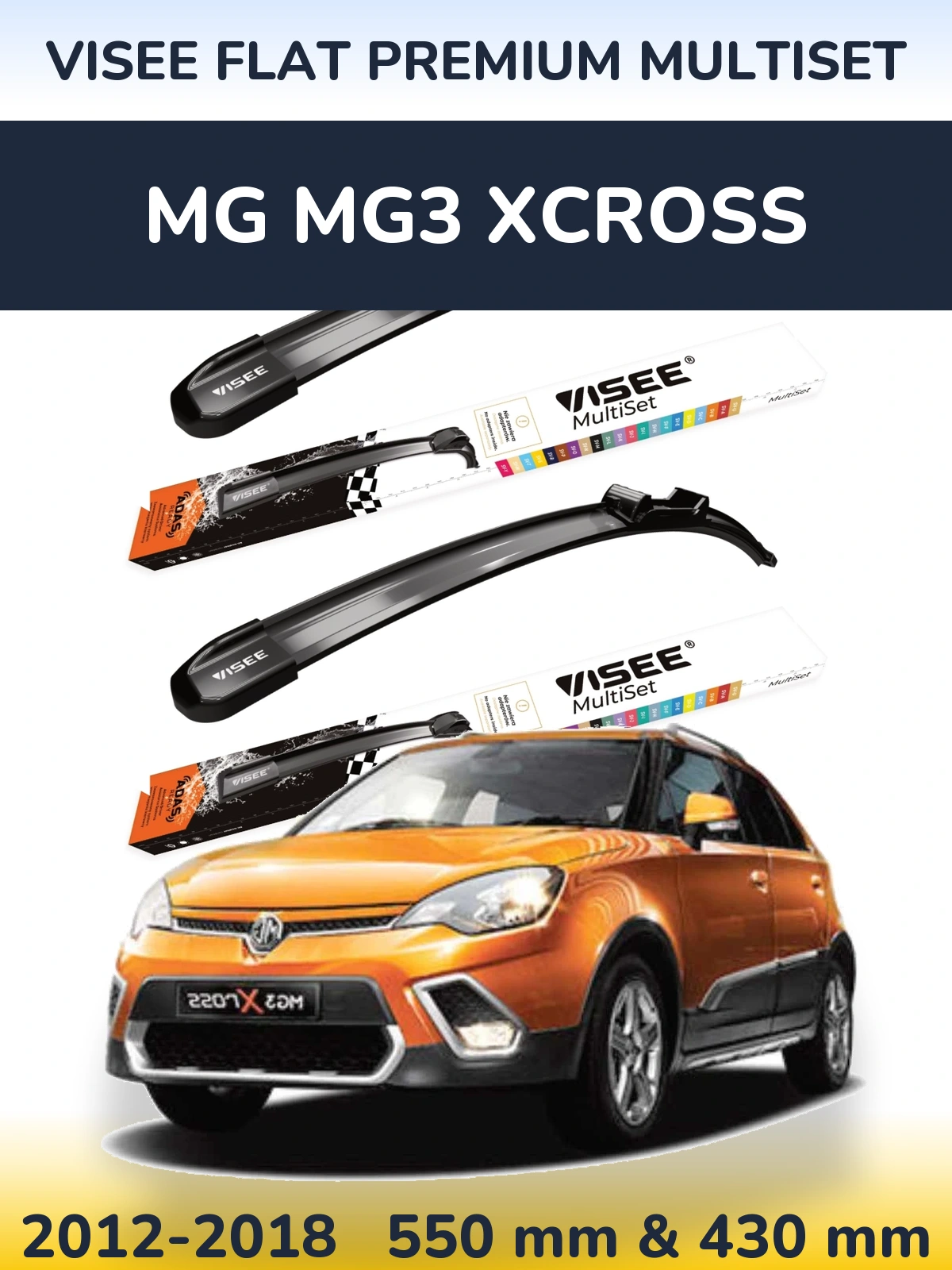Komplet przednich wycieraczek VISEE FLAT PREMIUM MultiSet 550 & 430 mm do MG MG3 Xcross 2012-2018