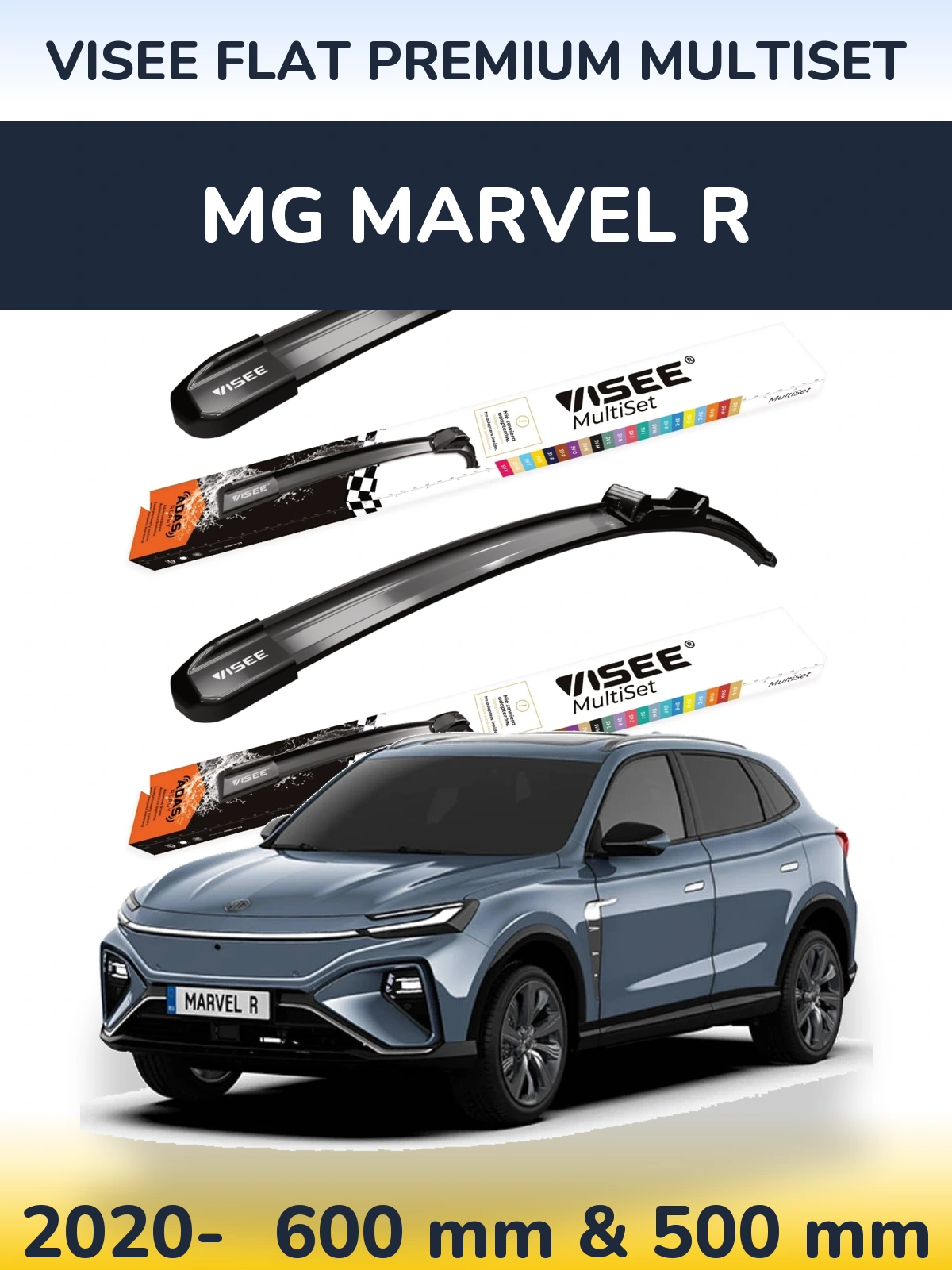 Front wiper blade set VISEE FLAT PREMIUM MultiSet 600 & 500 mm for MG Marvel R 2020-2026
