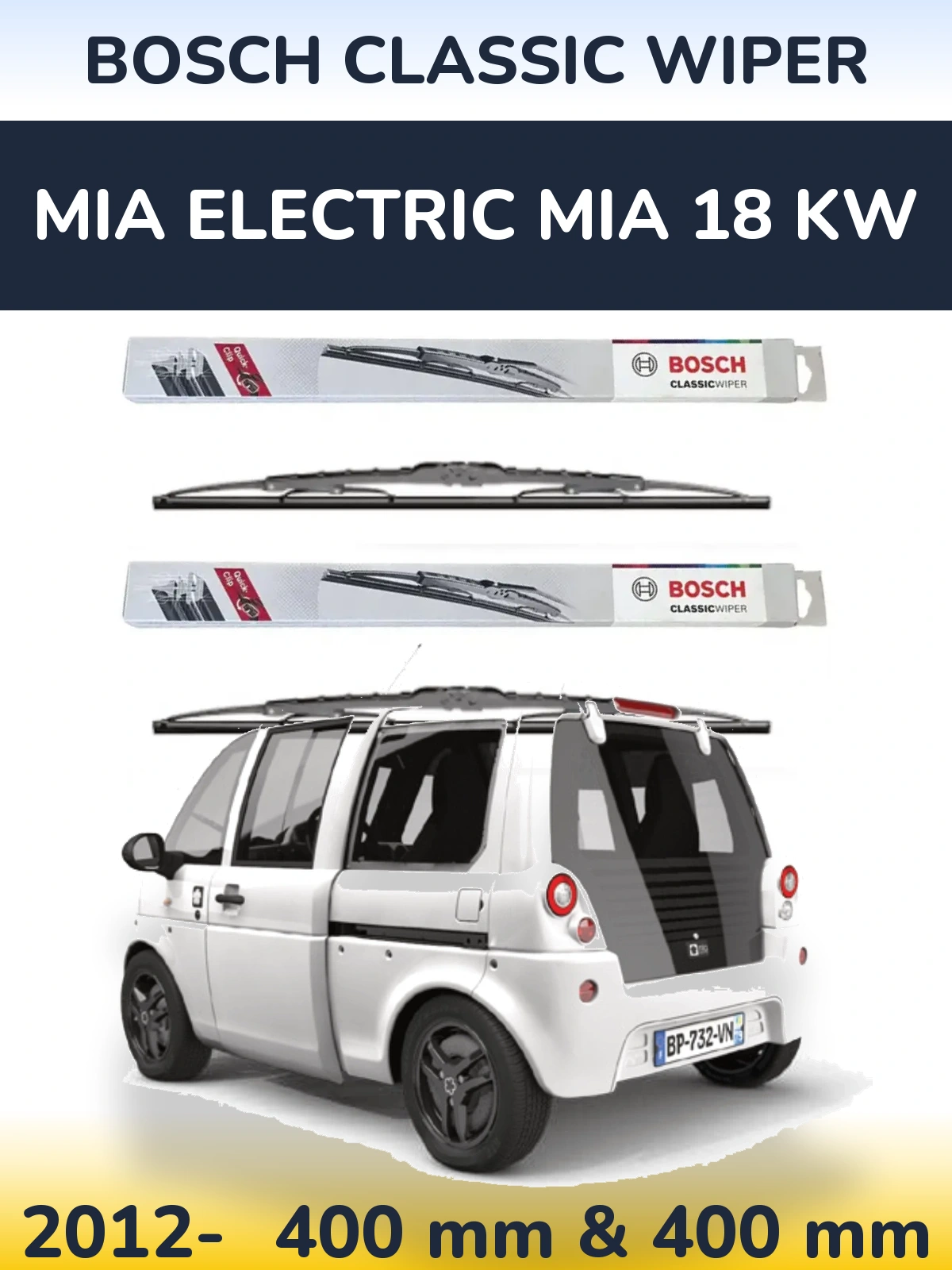 Front wiper blade set BOSCH Classic Wiper 400 & 400 mm for MIA Electric mia 18 kw 2012-2026