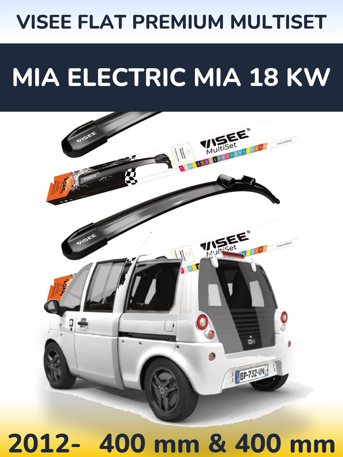 Komplet przednich wycieraczek VISEE FLAT PREMIUM MultiSet 400 & 400 mm do MIA Electric mia 18 kw 2012-2026