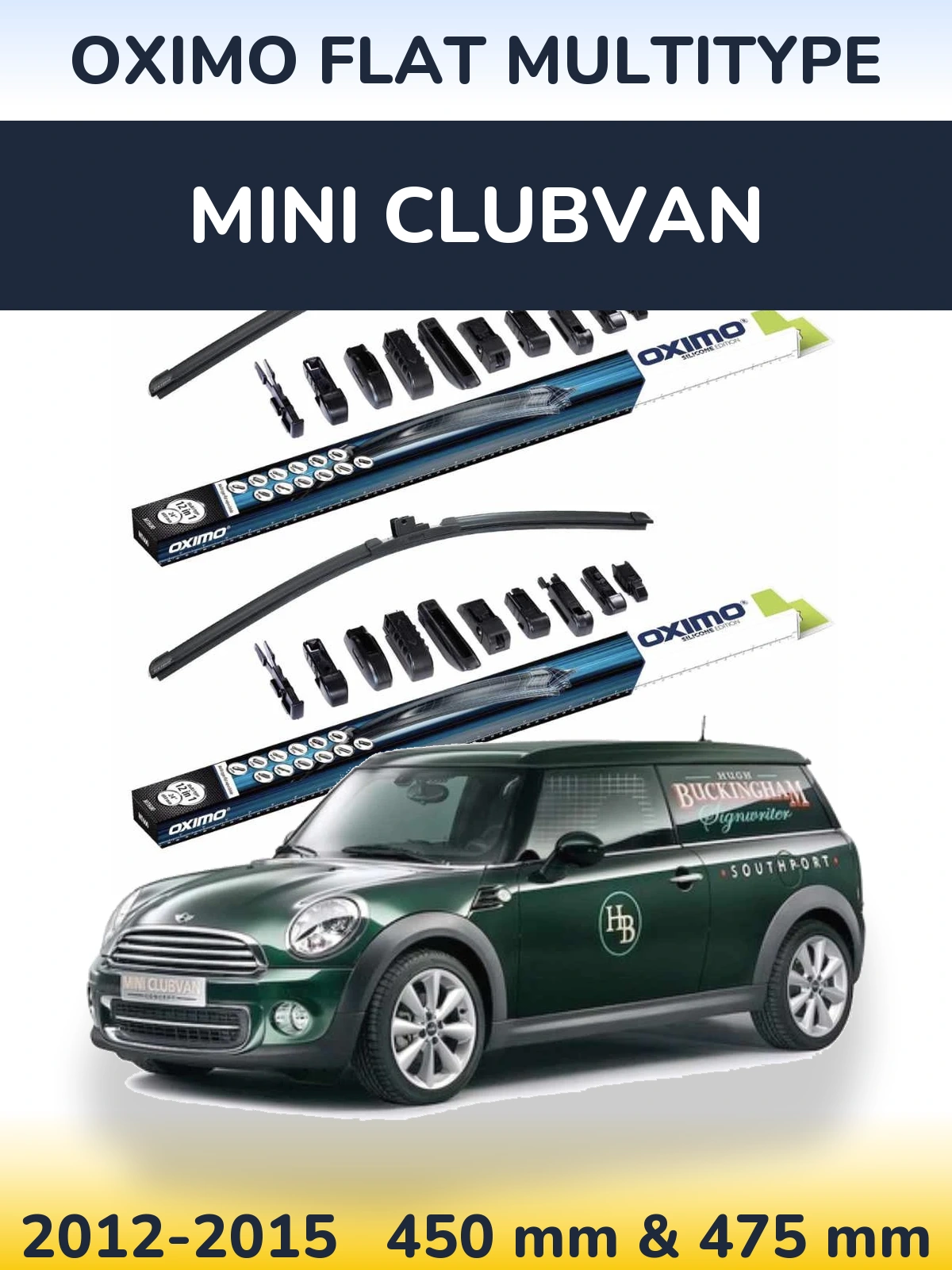 Front wiper blade set Oximo Flat MultiTypee 450 & 475 mm for MINI Clubvan 2012-2015