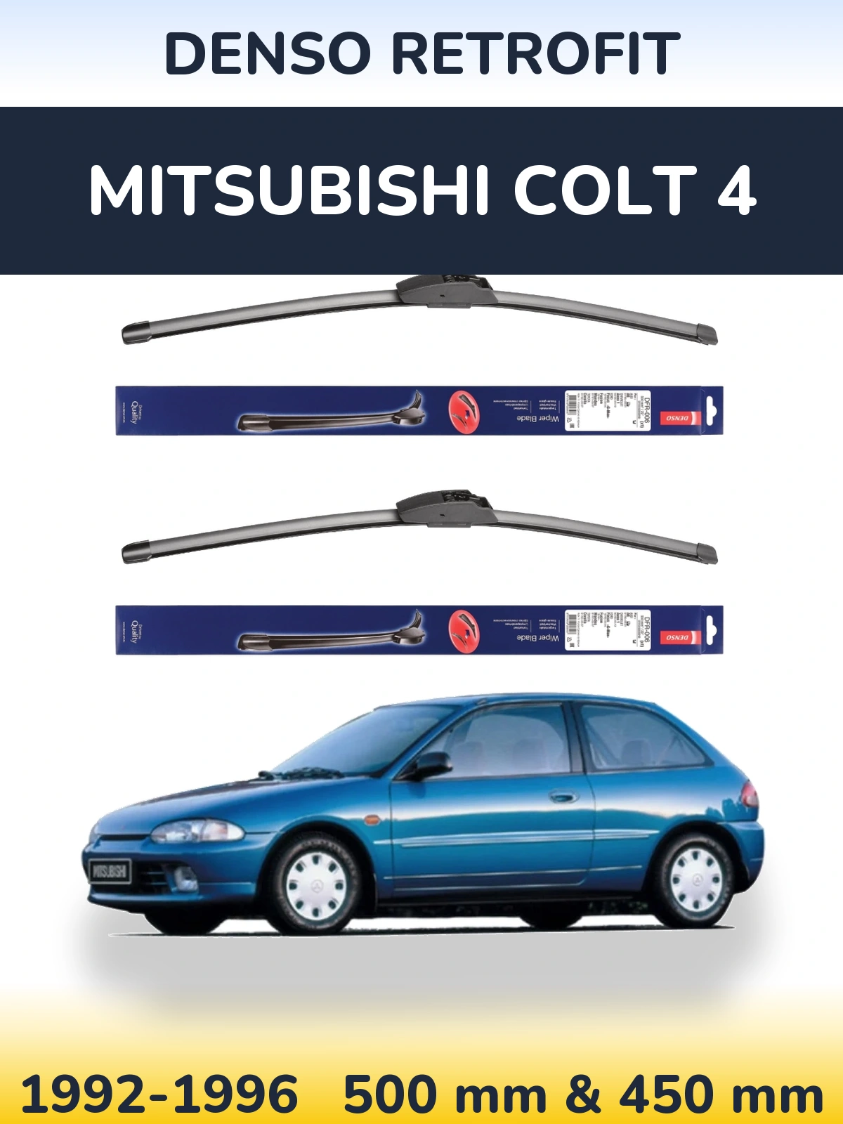 Front wiper blade set Denso Retrofit 500 & 450 mm for Mitsubishi Colt 4 1992-1996