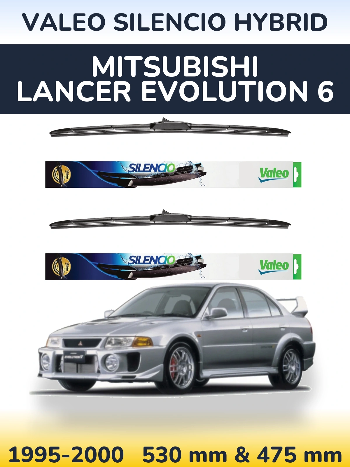 Front wiper blade set Valeo Silencio Hybrid 530 & 475 mm for Mitsubishi Lancer Evolution 6 1995-2000