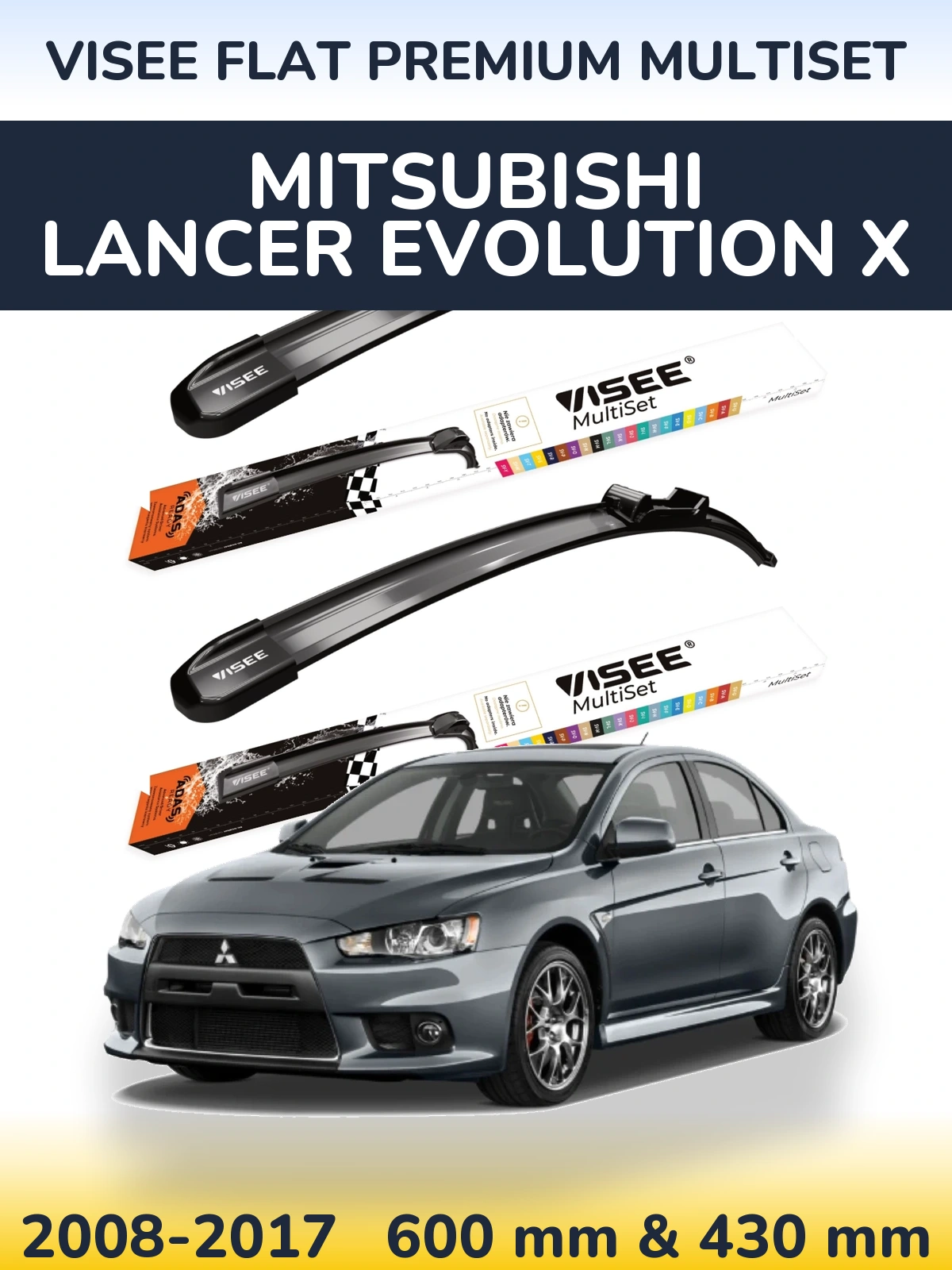 Комплект передних дворников VISEE FLAT PREMIUM MultiSet 600 & 430 мм для Mitsubishi Lancer Evolution X 2008-2017